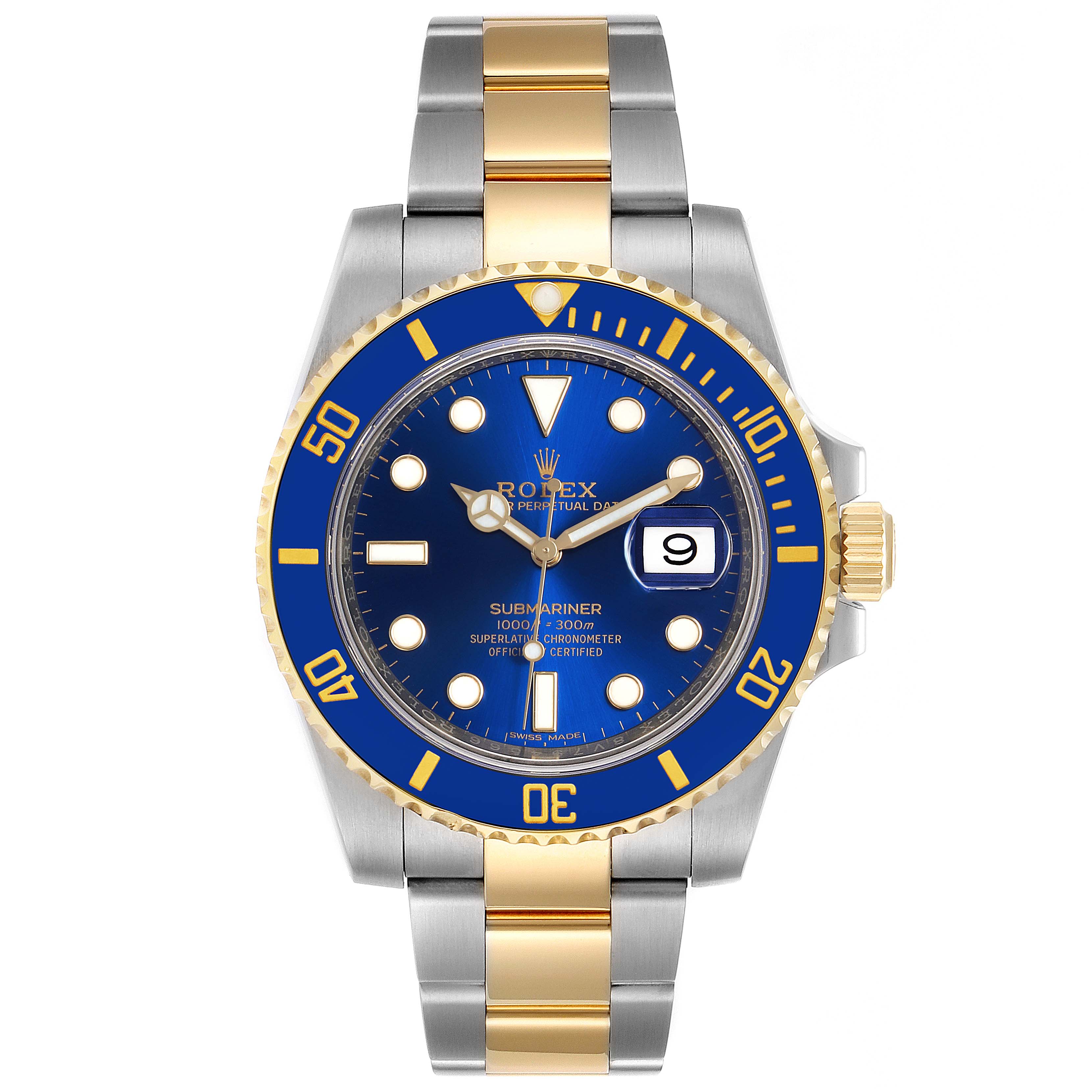This image shows a front view of the Rolex Submariner 116613 Men's Steel and Gold (two tone) Blue Dial 116613 Men's Steel and Gold (two tone) Blue Dial model, highlighting its blue dial, bezel, and gold and silver bracelet.