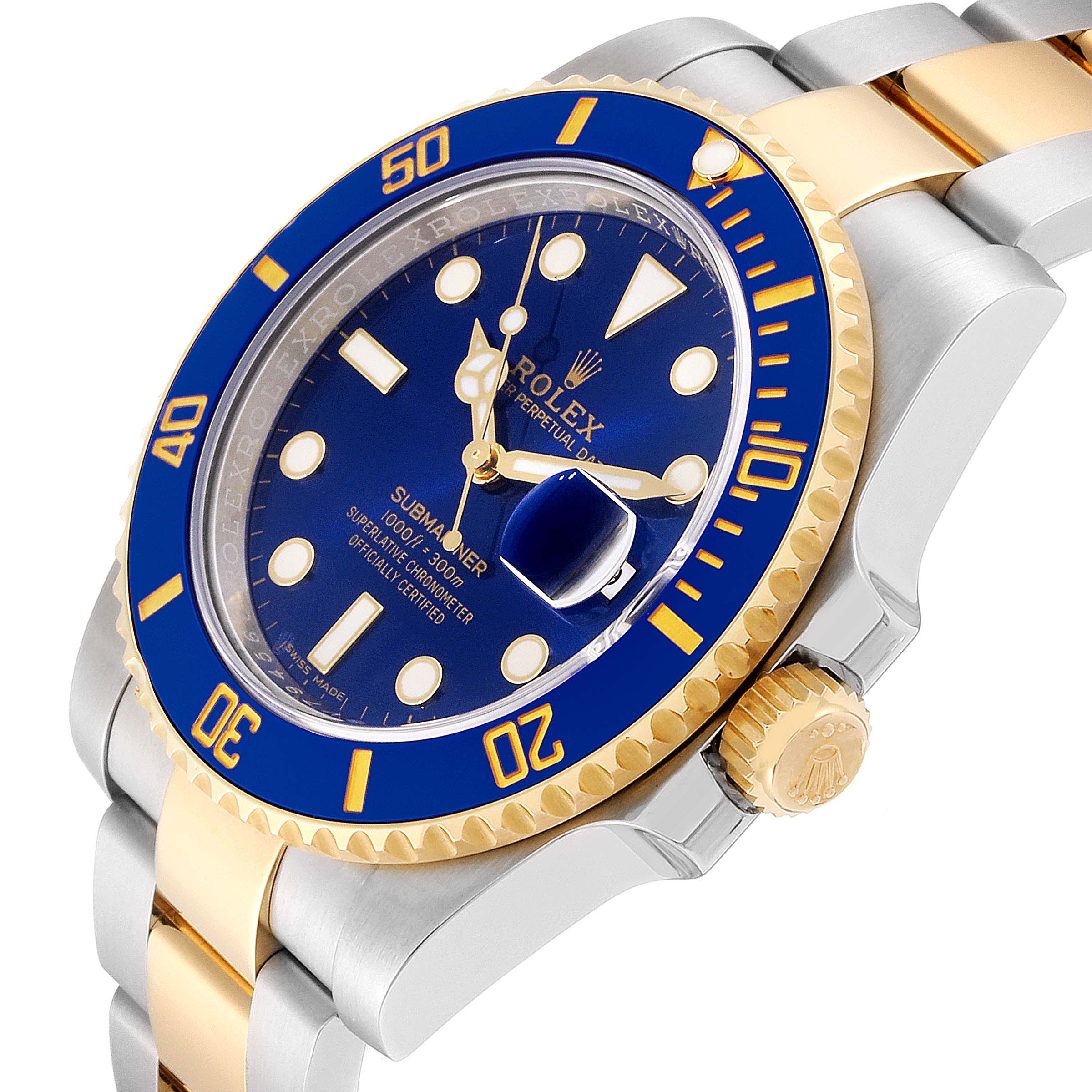 The image shows a close-up, angled view of the Rolex Submariner 116613 Men's Steel and Gold (two tone) Blue Dial 116613 Men's Steel and Gold (two tone) Blue Dial watch, highlighting the bezel, crown, dial, and bracelet.