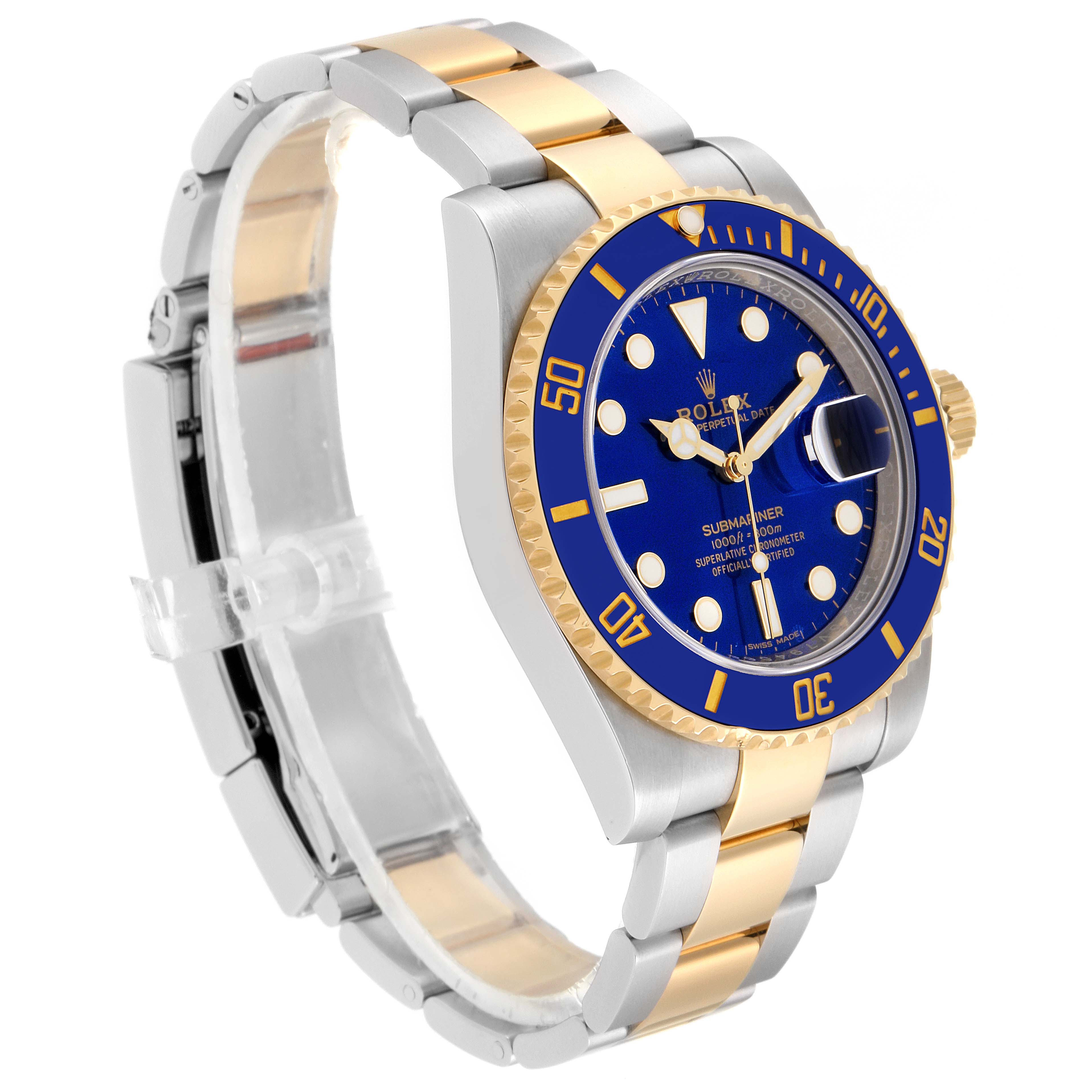 The image shows a Rolex Submariner 116613 Men's Steel and Gold (two tone) Blue Dial 116613 Men's Steel and Gold (two tone) Blue Dial watch angled to display the dial, bezel, crown, and two-tone bracelet.