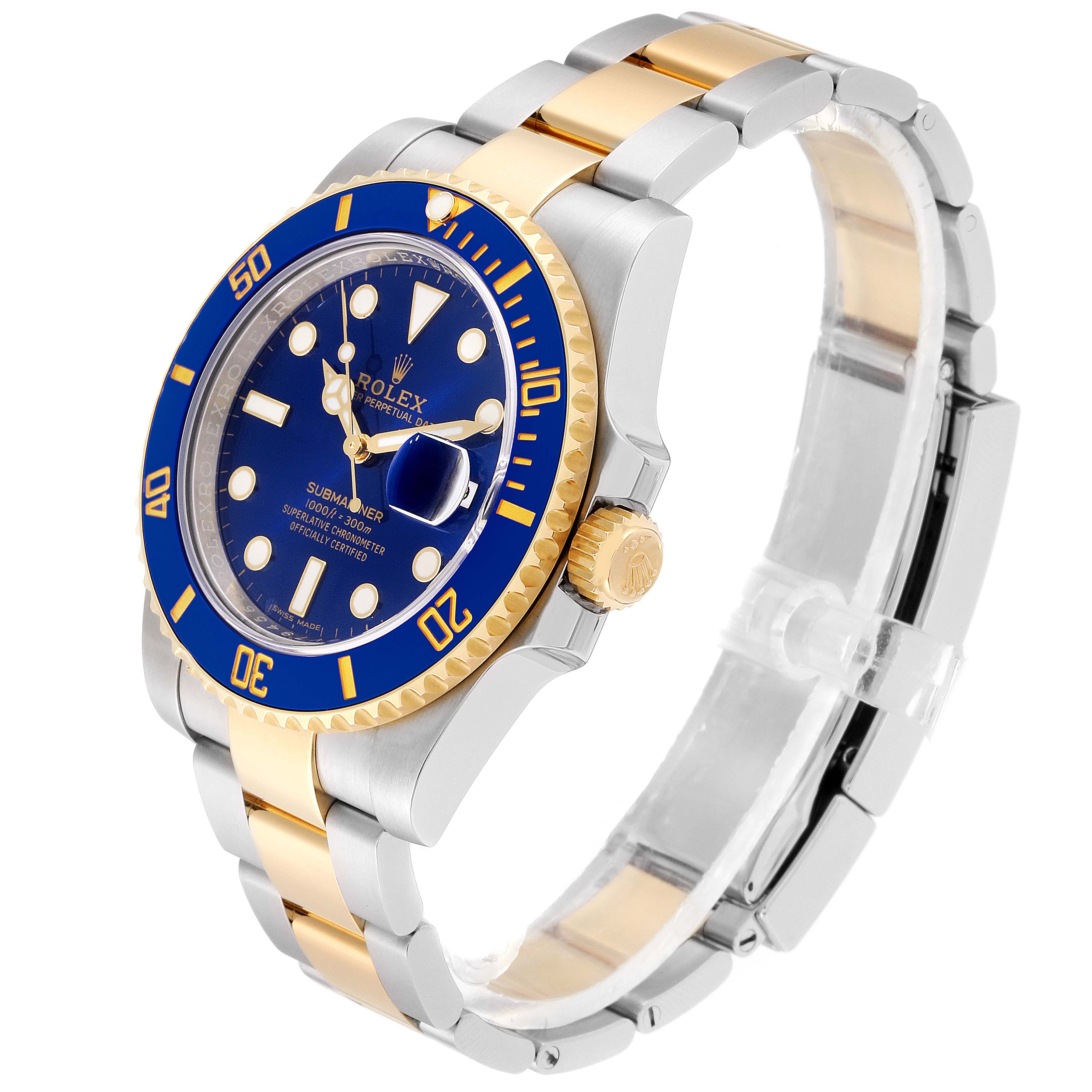The Rolex Submariner 116613 Men's Steel and Gold (two tone) Blue Dial 116613 Men's Steel and Gold (two tone) Blue Dial watch is shown at a three-quarter angle, highlighting its blue dial, bezel, and two-tone bracelet.