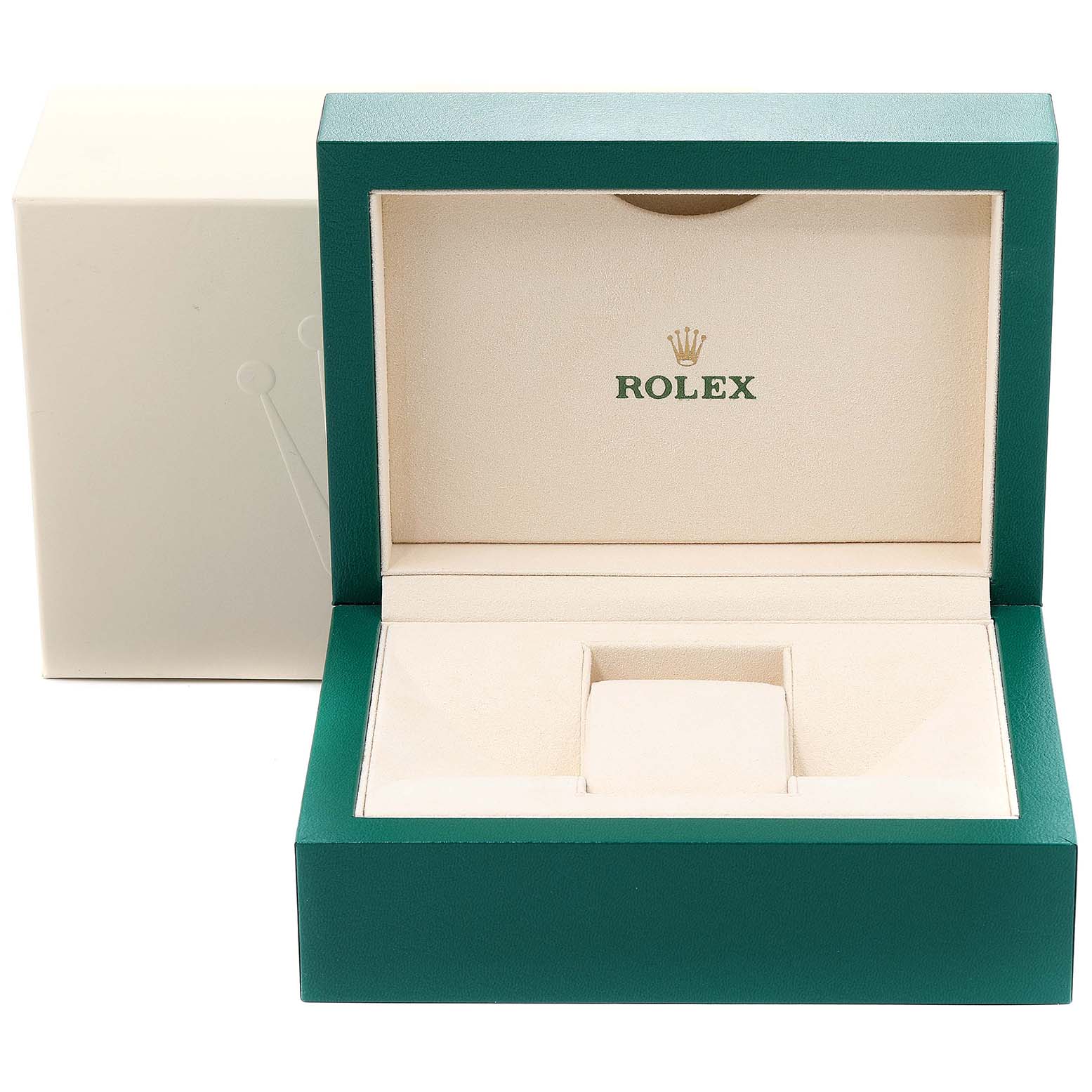 The image shows an open box for a Rolex Submariner 116613 Men's Steel and Gold (two tone) Blue Dial 116613 Men's Steel and Gold (two tone) Blue Dial, displaying the interior and the logo.