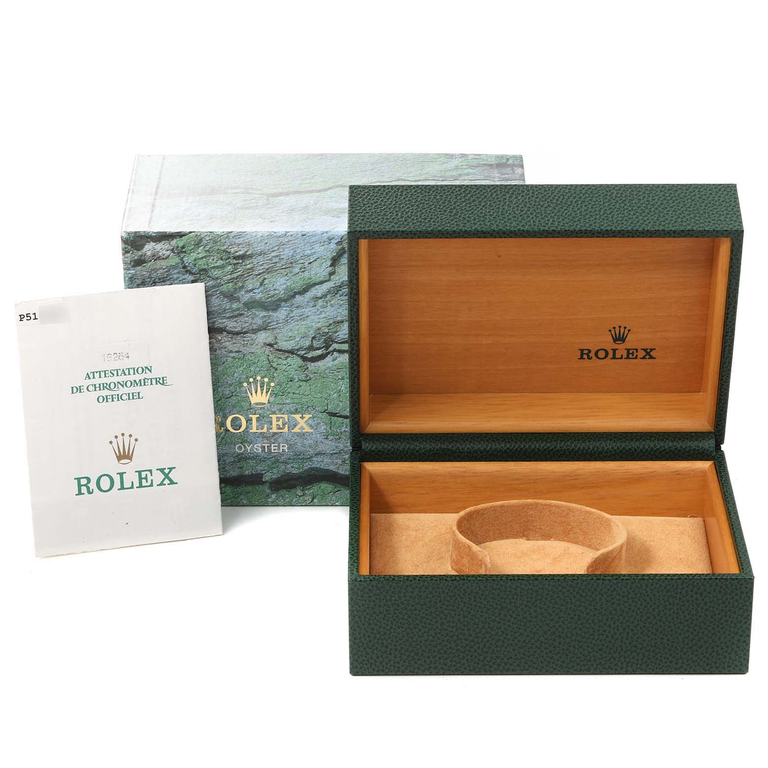 The image shows a Rolex Turn-o-Graph 16264 Men's Stainless Steel White Dial 16264 Men's Stainless Steel White Dial watch's open box with an official certification booklet next to it.