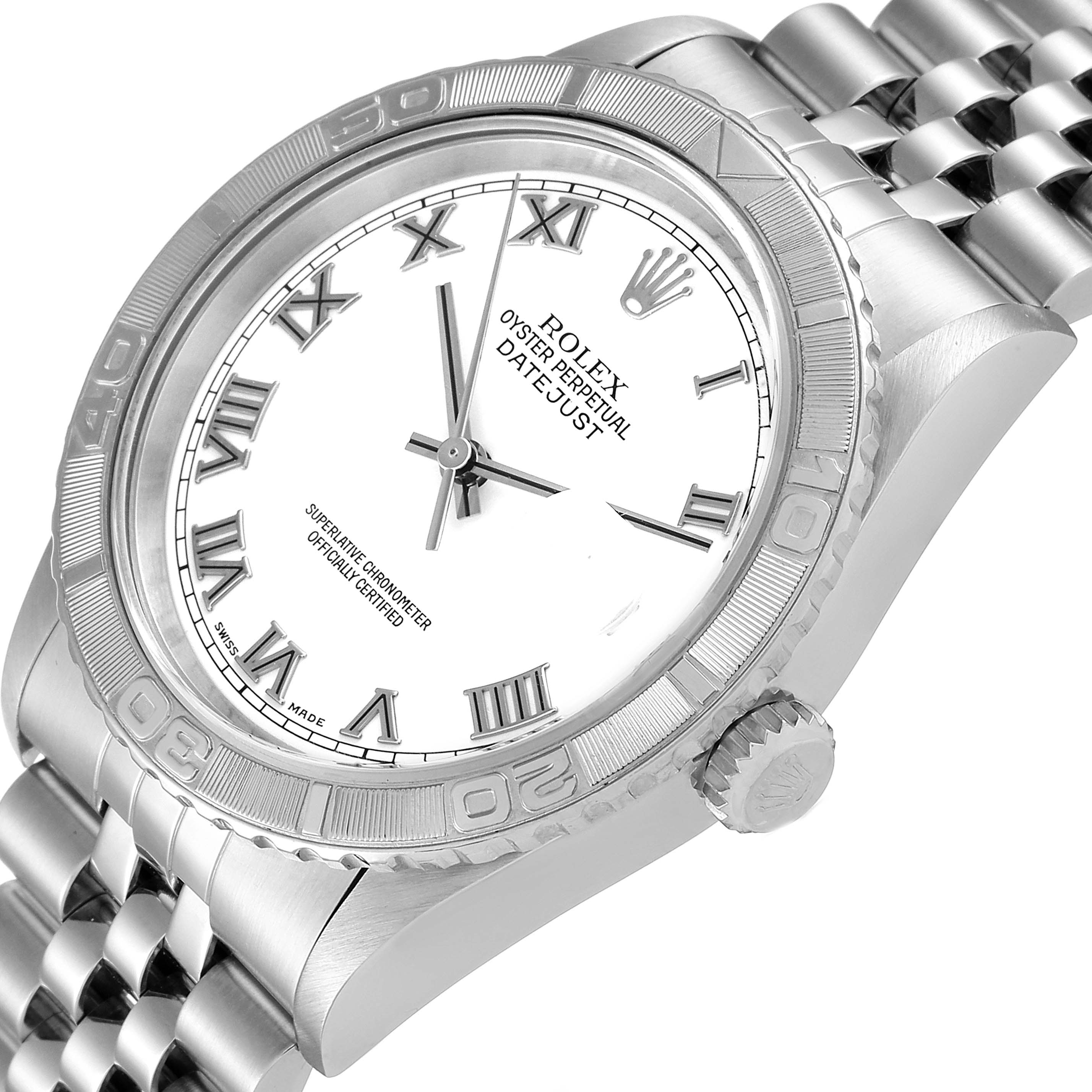 The image shows a close-up, angled view of the Rolex Turn-o-Graph 16264 Men's Stainless Steel White Dial 16264 Men's Stainless Steel White Dial watch's face, bezel, and part of the bracelet.