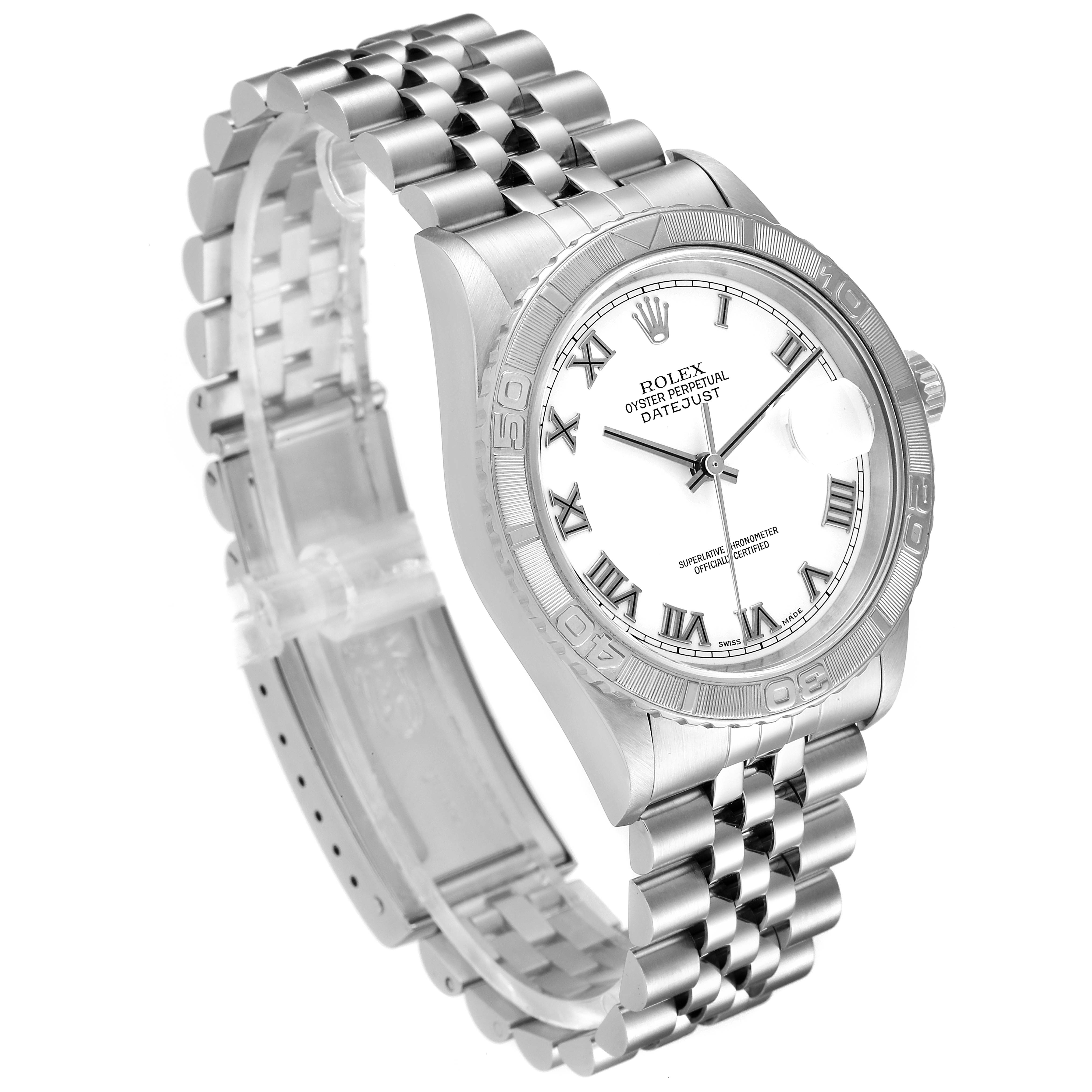 The image shows a side-angle view of a Rolex Turn-o-Graph 16264 Men's Stainless Steel White Dial 16264 Men's Stainless Steel White Dial watch, highlighting the dial, bezel, and bracelet.