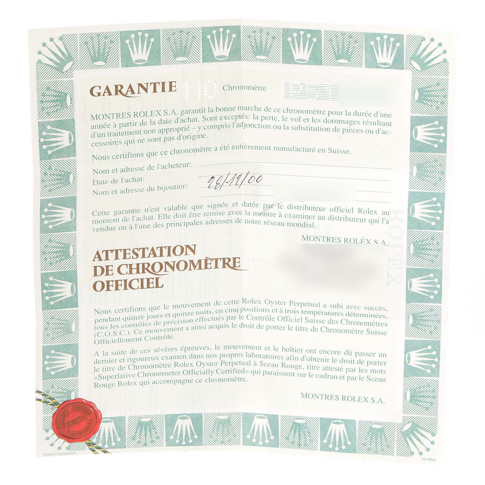 The image shows a guarantee and official chronometer certification documents for a Rolex Turn-o-Graph 16264 Men's Stainless Steel White Dial 16264 Men's Stainless Steel White Dial model.