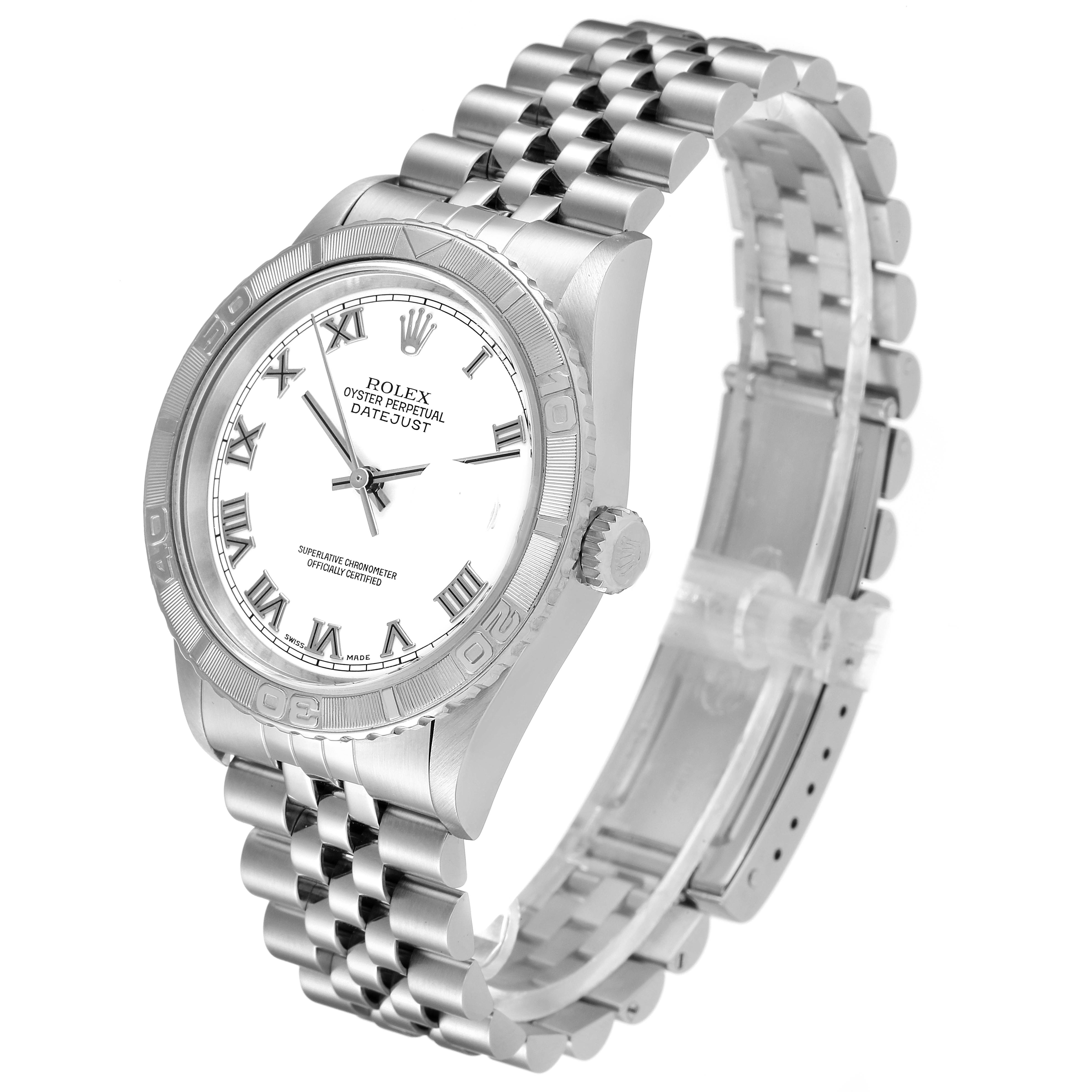 This image shows a Rolex Turn-o-Graph 16264 Men's Stainless Steel White Dial 16264 Men's Stainless Steel White Dial watch at an angled view with a clear display of the watch face, bezel, and bracelet.