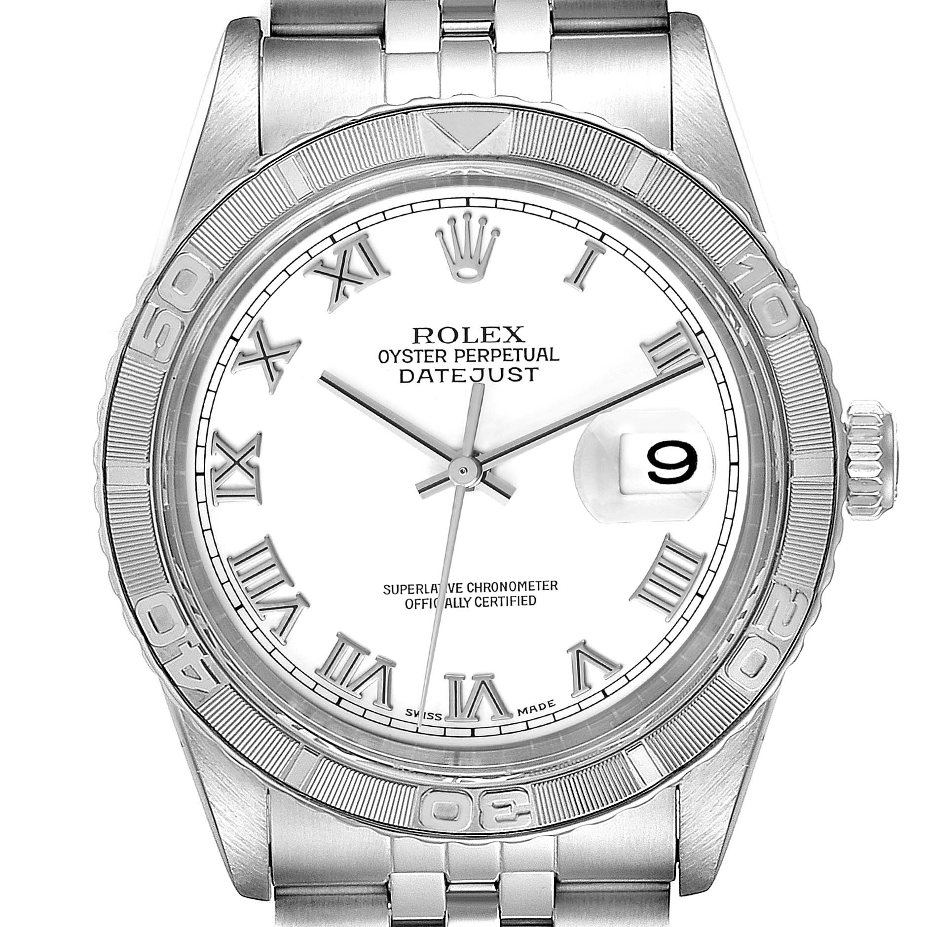 The image shows a frontal view of the Rolex Turn-o-Graph 16264 Men's Stainless Steel White Dial 16264 Men's Stainless Steel White Dial Datejust watch, detailing the dial, bezel, and part of the bracelet.