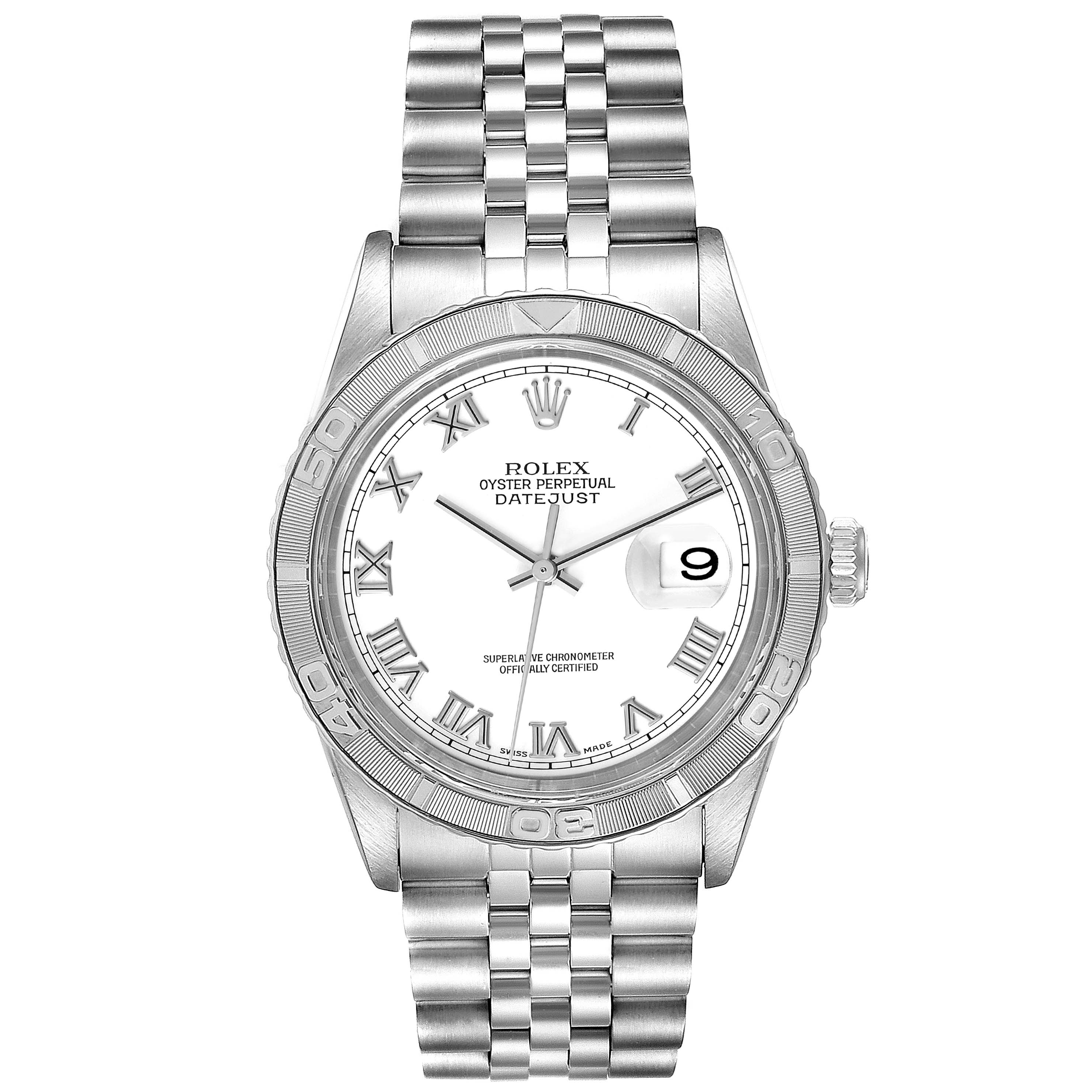 The image shows a frontal view of the Rolex Turn-o-Graph 16264 Men's Stainless Steel White Dial 16264 Men's Stainless Steel White Dial watch, displaying the dial, bezel, crown, and bracelet.