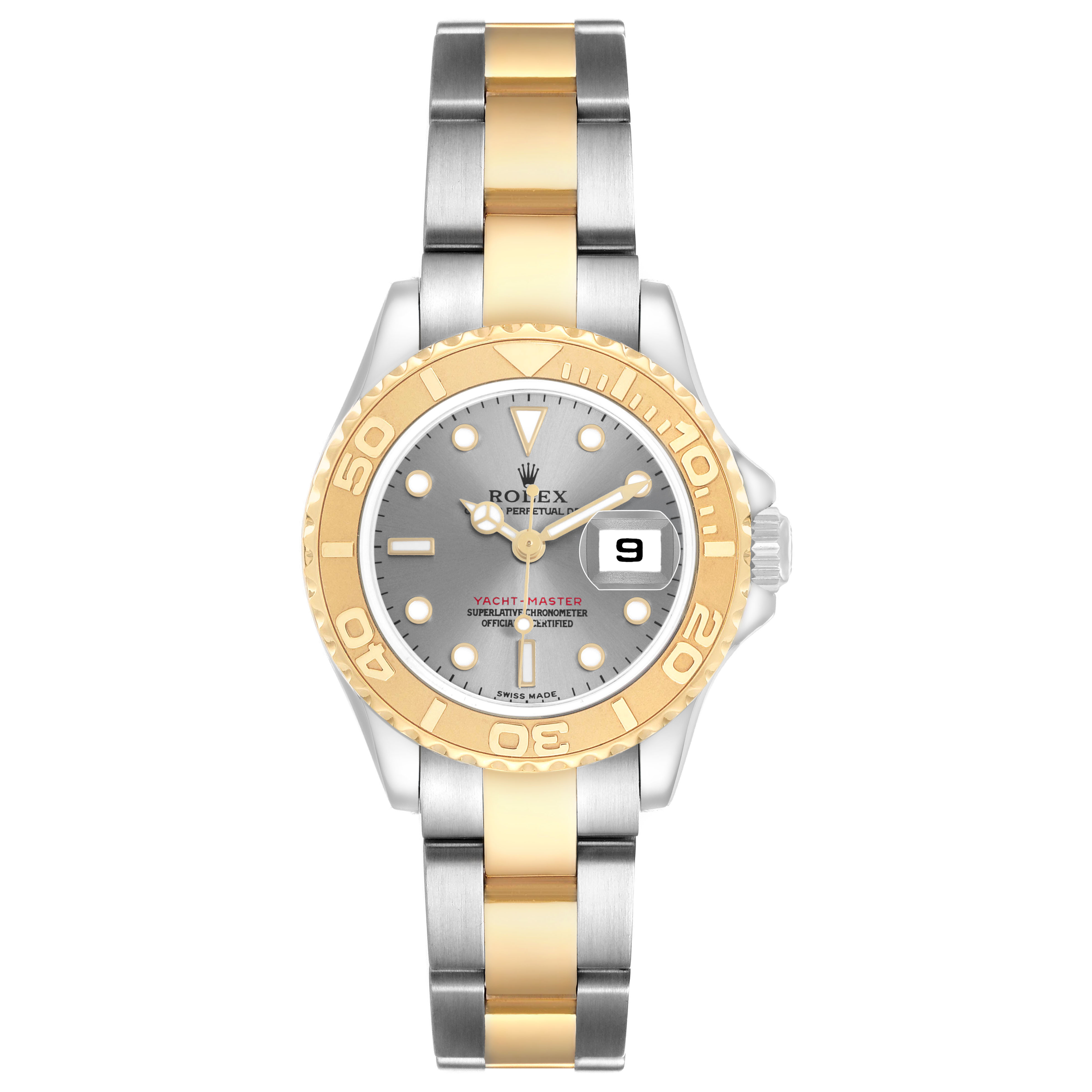The Rolex Yacht-Master 169623 Women's Steel and Gold (two tone) Grey Dial watch is shown from a top-down angle, highlighting its bezel, dial, and two-tone bracelet.