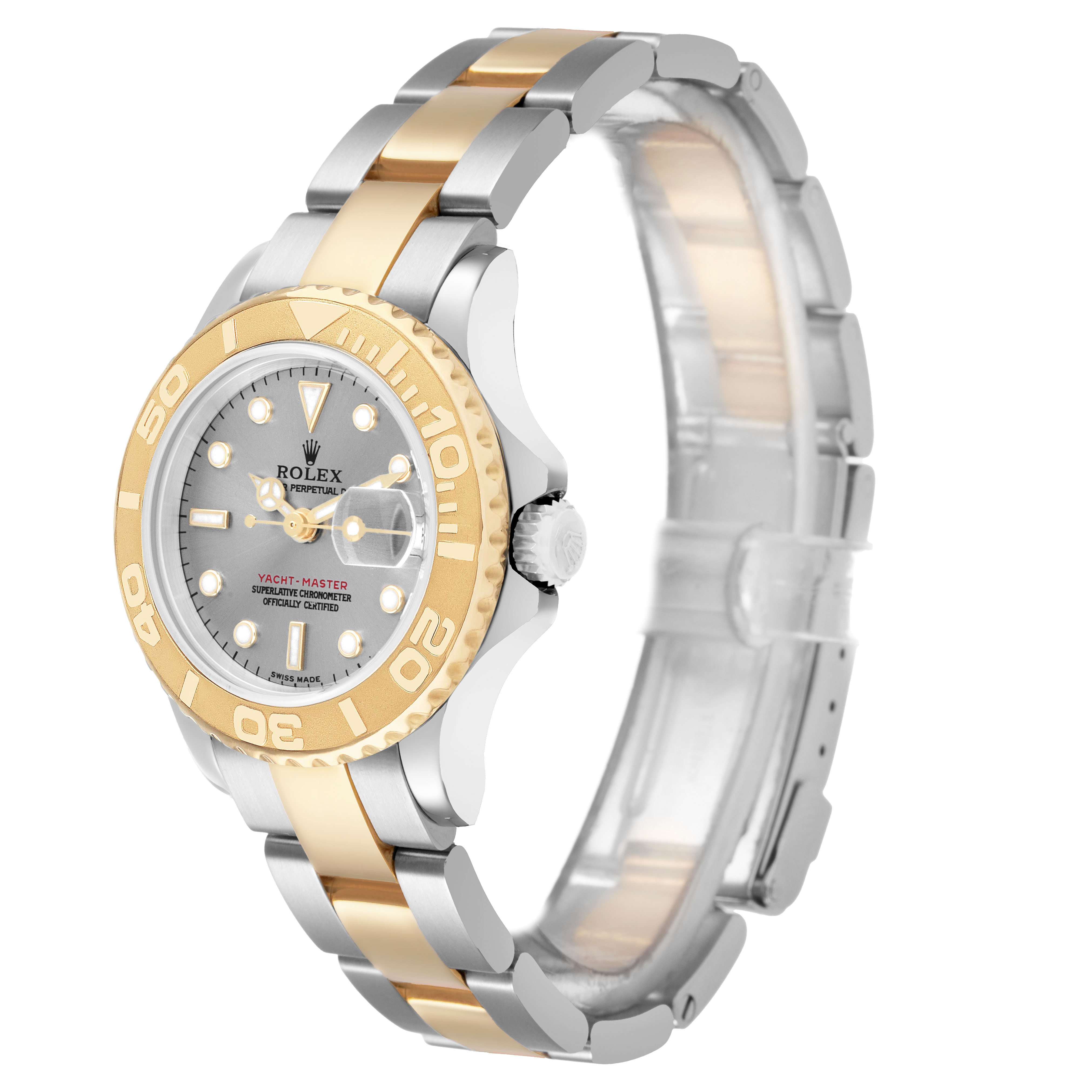 The Rolex Yacht-Master 169623 Women's Steel and Gold (two tone) Grey Dial watch is shown at a three-quarter angle, displaying the face, bezel, crown, and bracelet.
