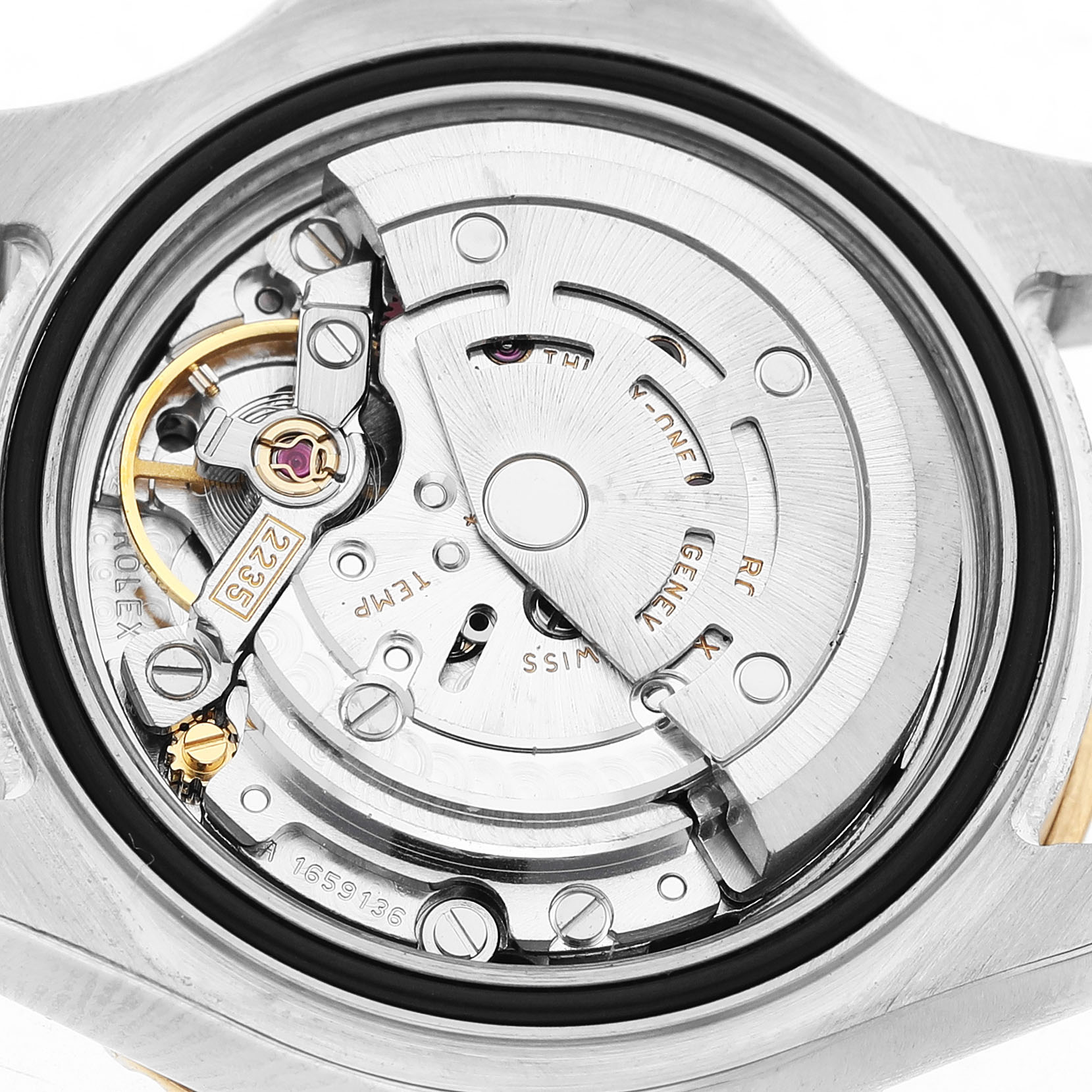 The image shows the back view of a Rolex Yacht-Master 169623 Women's Steel and Gold (two tone) Grey Dial, highlighting its mechanical movement and components.