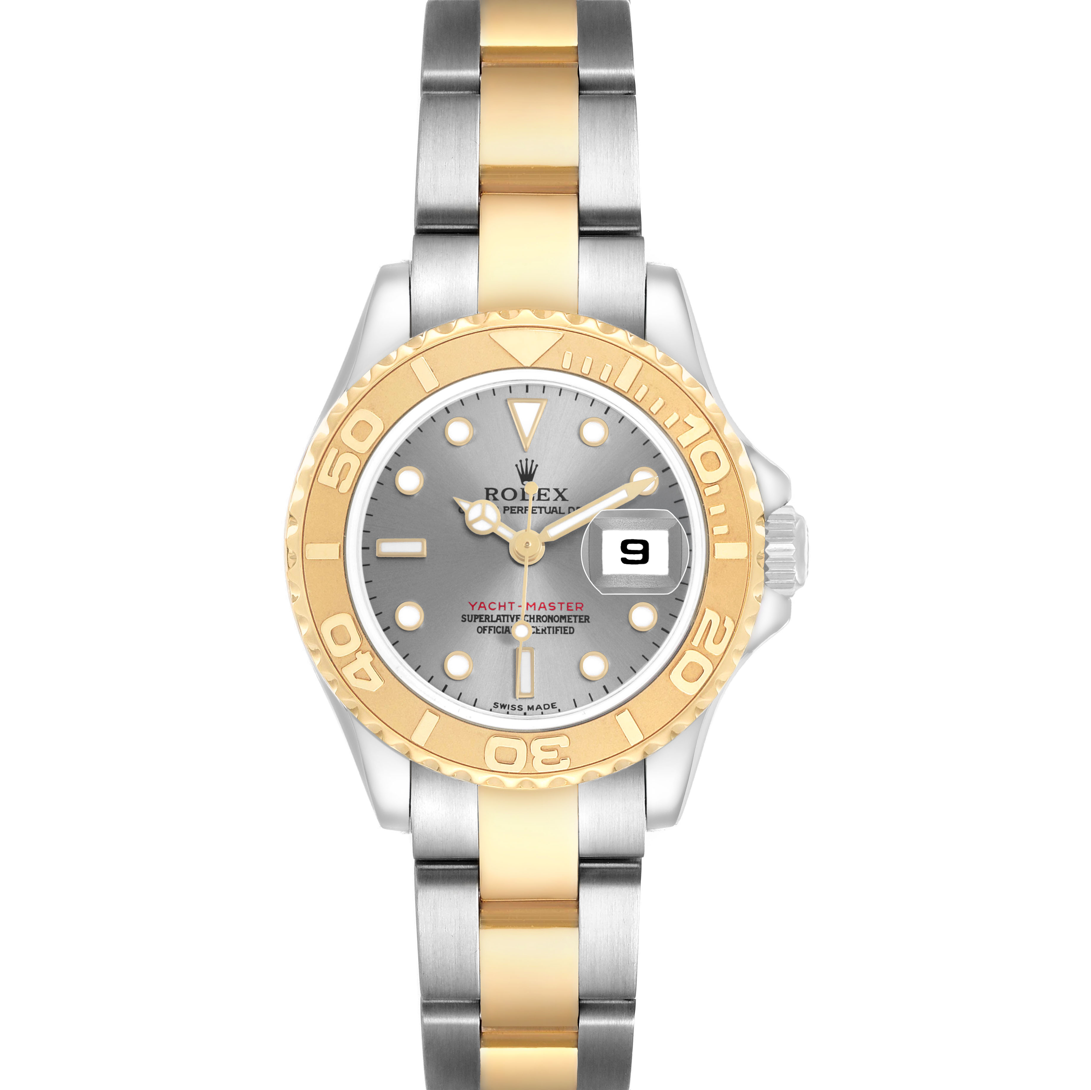 The Rolex Yacht-Master 169623 Women's Steel and Gold (two tone) Grey Dial watch is shown from a top-down angle, displaying its bezel, dial, and two-tone bracelet.