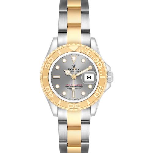 The Rolex Yacht-Master 169623 Women's Steel and Gold (two tone) Grey Dial watch is shown from the front, highlighting its two-tone bezel, dial, and bracelet.