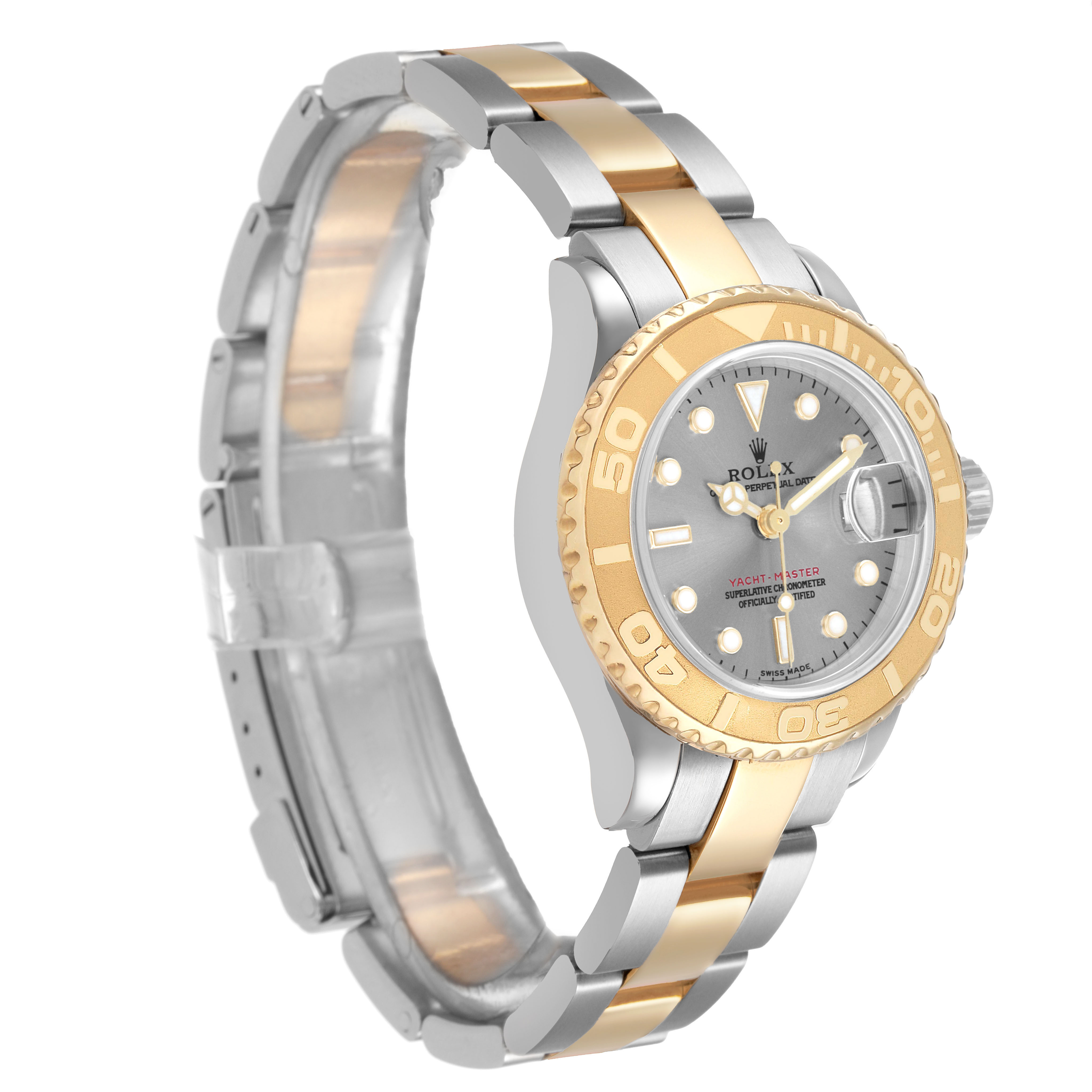 The Rolex Yacht-Master 169623 Women's Steel and Gold (two tone) Grey Dial watch is shown at a three-quarter angle, highlighting the bezel, dial, and two-tone bracelet.