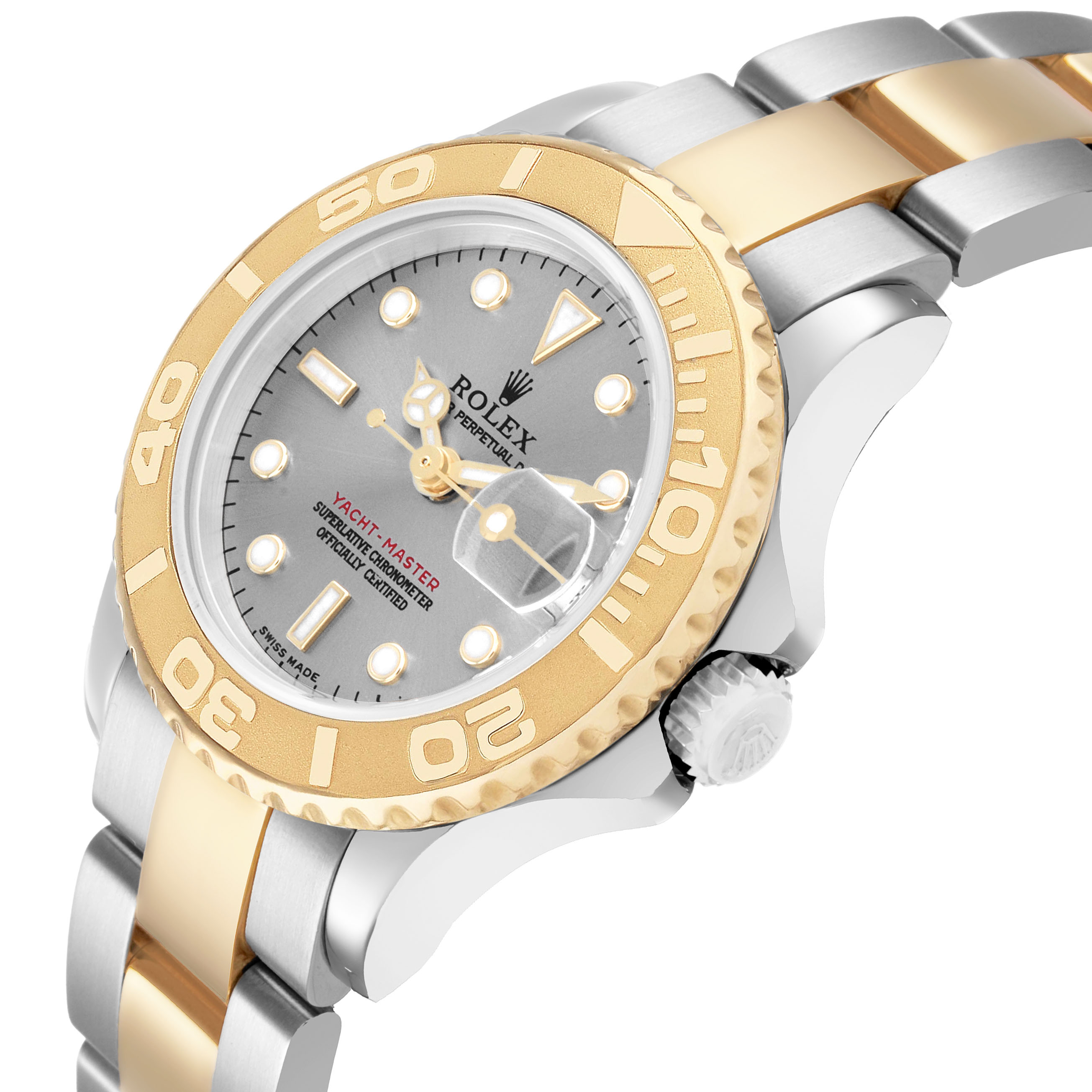 The Rolex Yacht-Master 169623 Women's Steel and Gold (two tone) Grey Dial watch is shown at an angled view, highlighting the bezel, dial, crown, and part of the bracelet.