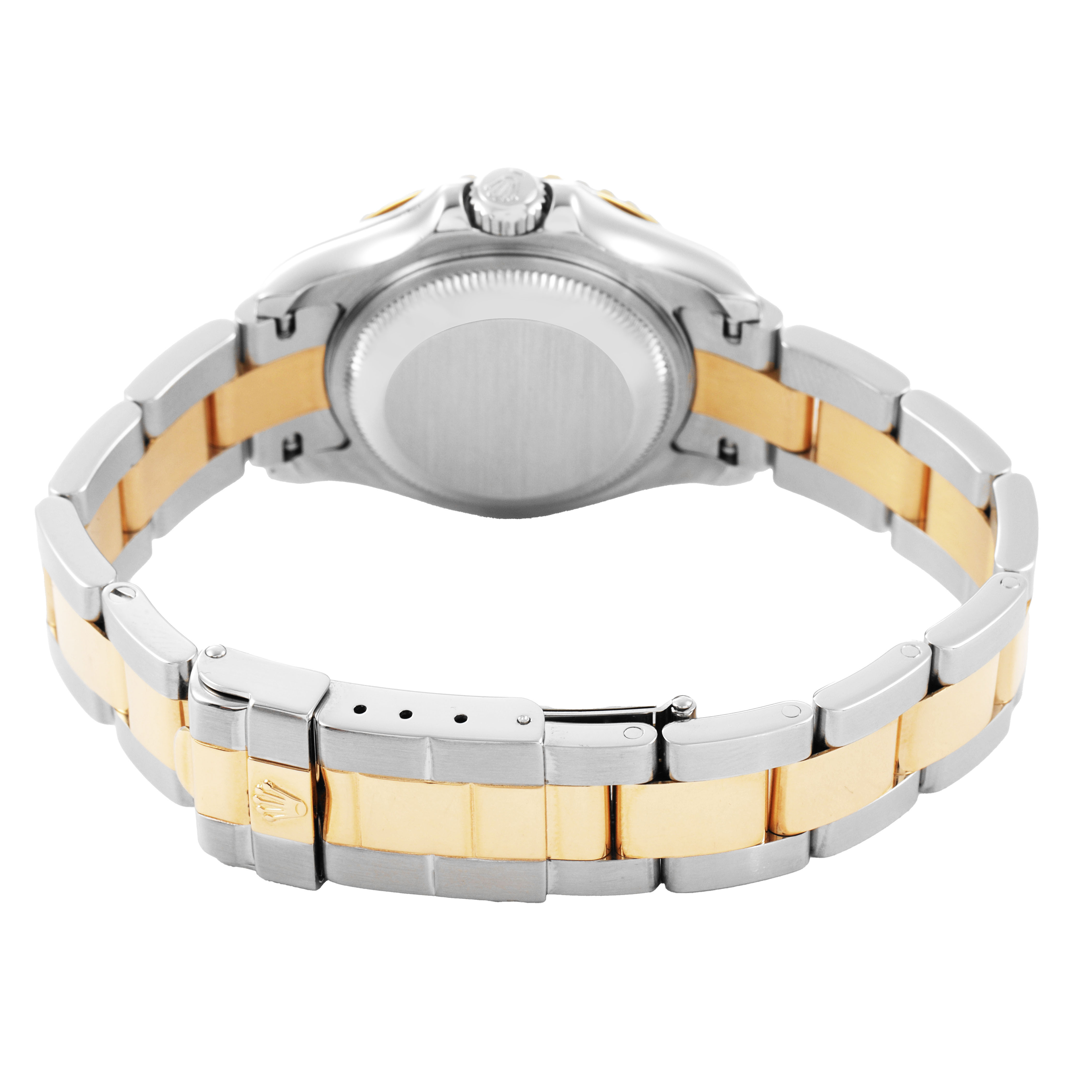 The Rolex Yacht-Master 169623 Women's Steel and Gold (two tone) Grey Dial is shown from the back, highlighting the clasp, bracelet, and case back elements.