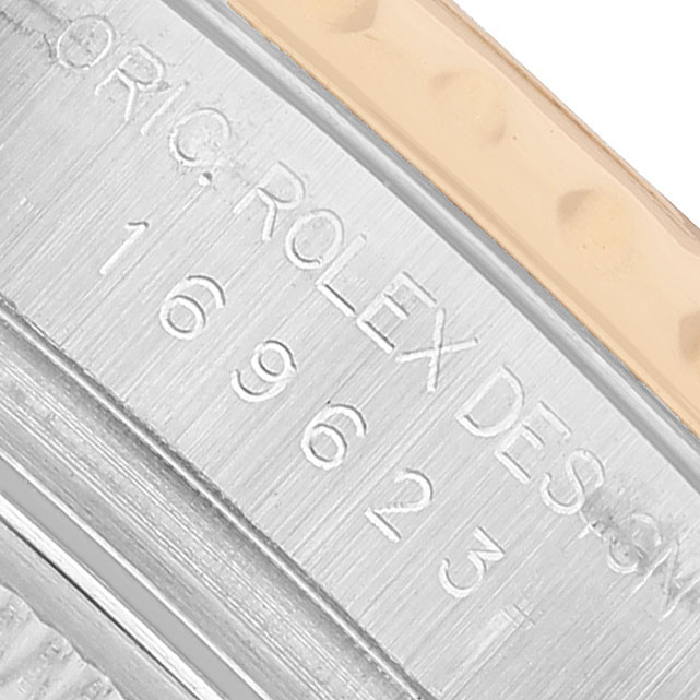 The image shows an angled close-up of the side of the Rolex Yacht-Master 169623 Women's Steel and Gold (two tone) Grey Dial, highlighting the engraved model number.