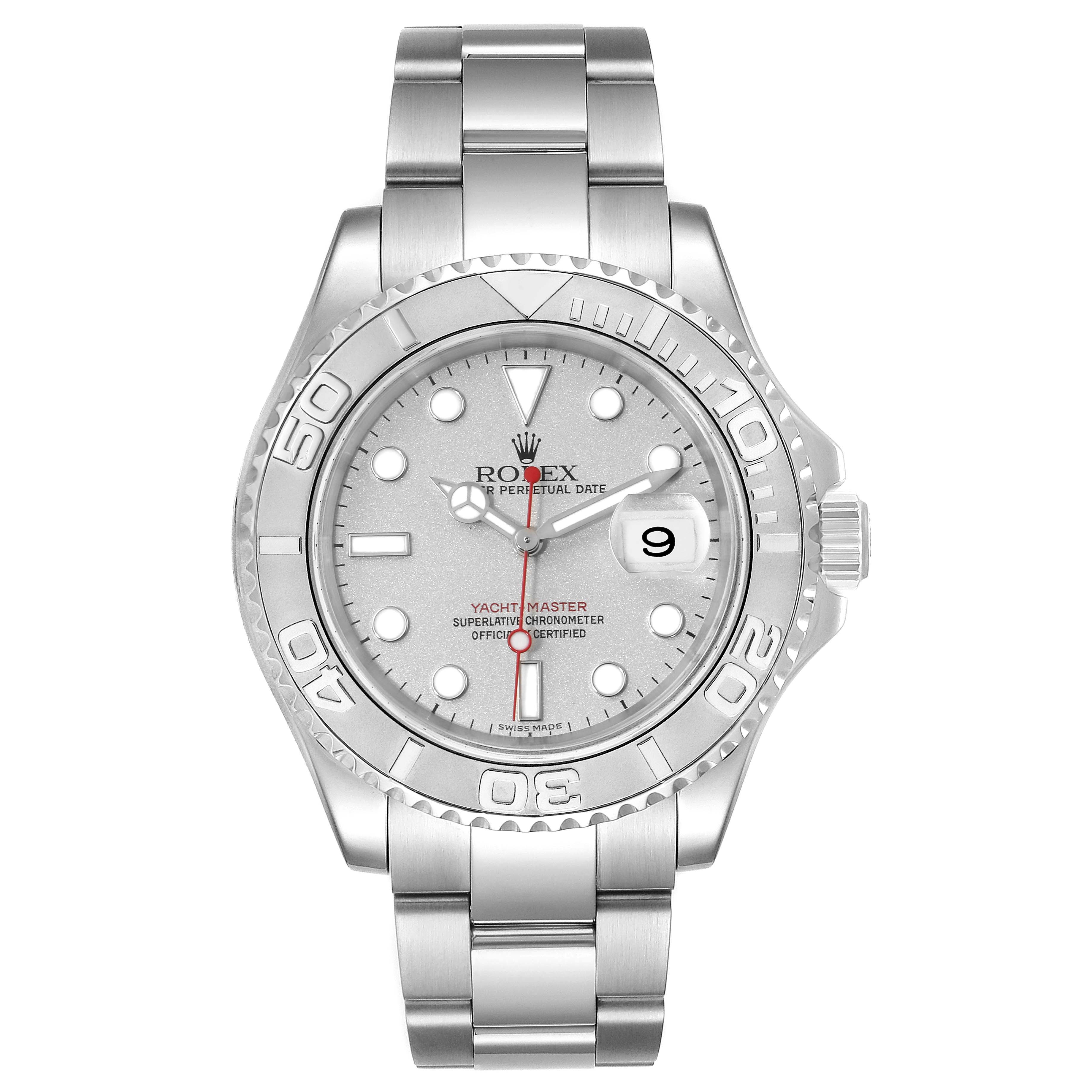 This image shows a front view of the Rolex Yacht-Master 16622 Men's Stainless Steel Silver Dial 16622 Men's Stainless Steel Silver Dial watch, highlighting its face, bezel, and bracelet.