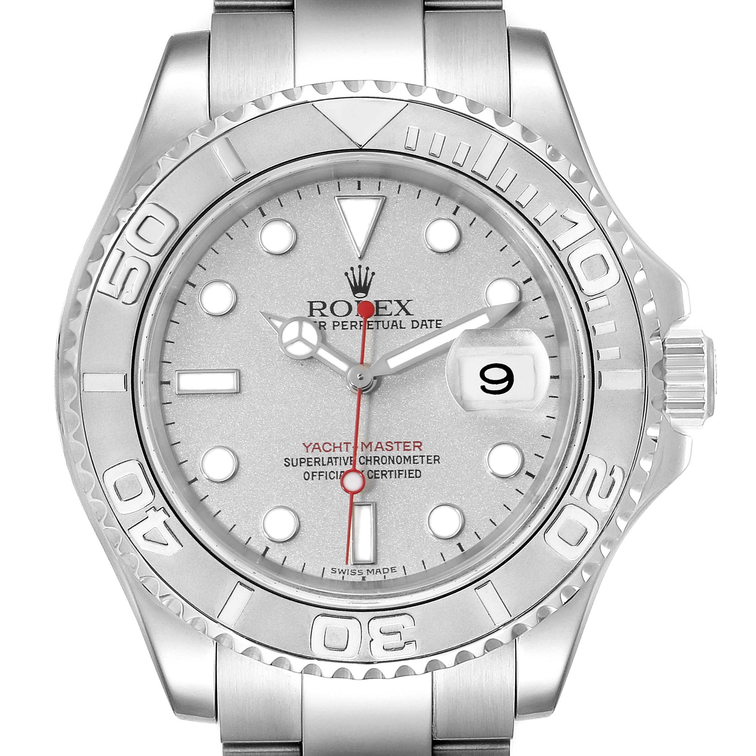 The image shows a front view of the Rolex Yacht-Master 16622 Men's Stainless Steel Silver Dial 16622 Men's Stainless Steel Silver Dial watch, detailing the dial, bezel, and part of the bracelet.