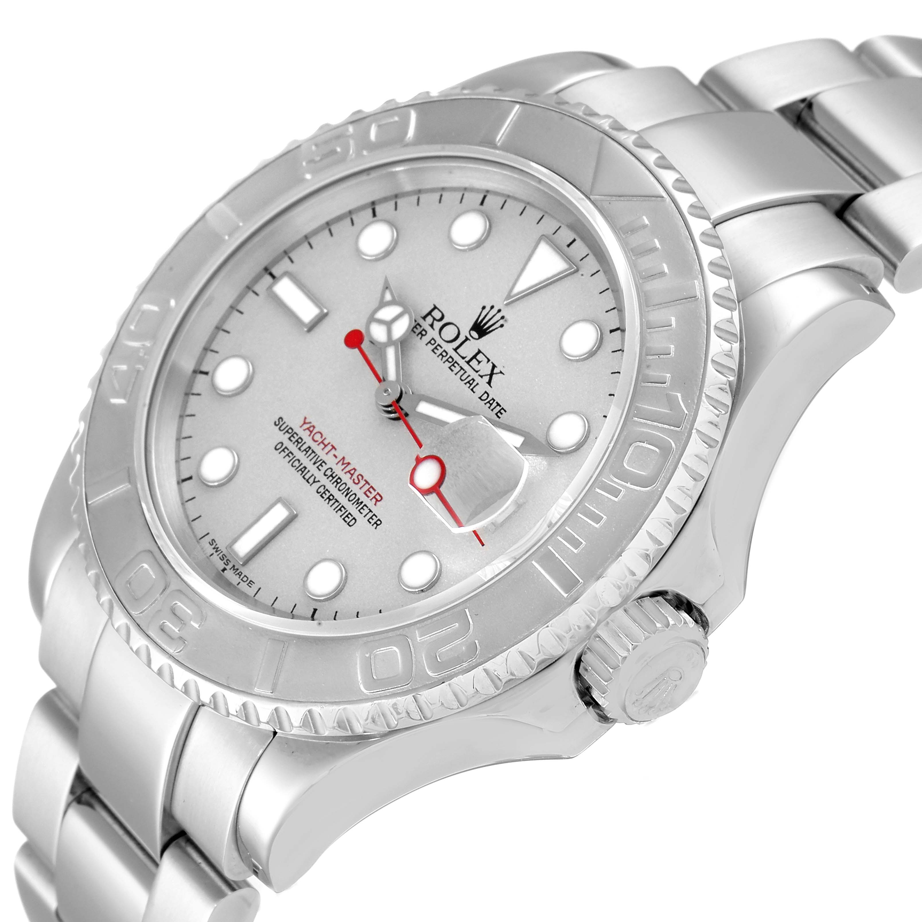 The image shows the Rolex Yacht-Master 16622 Men's Stainless Steel Silver Dial 16622 Men's Stainless Steel Silver Dial watch from an angled close-up, highlighting the face, bezel, crown, and part of the bracelet.