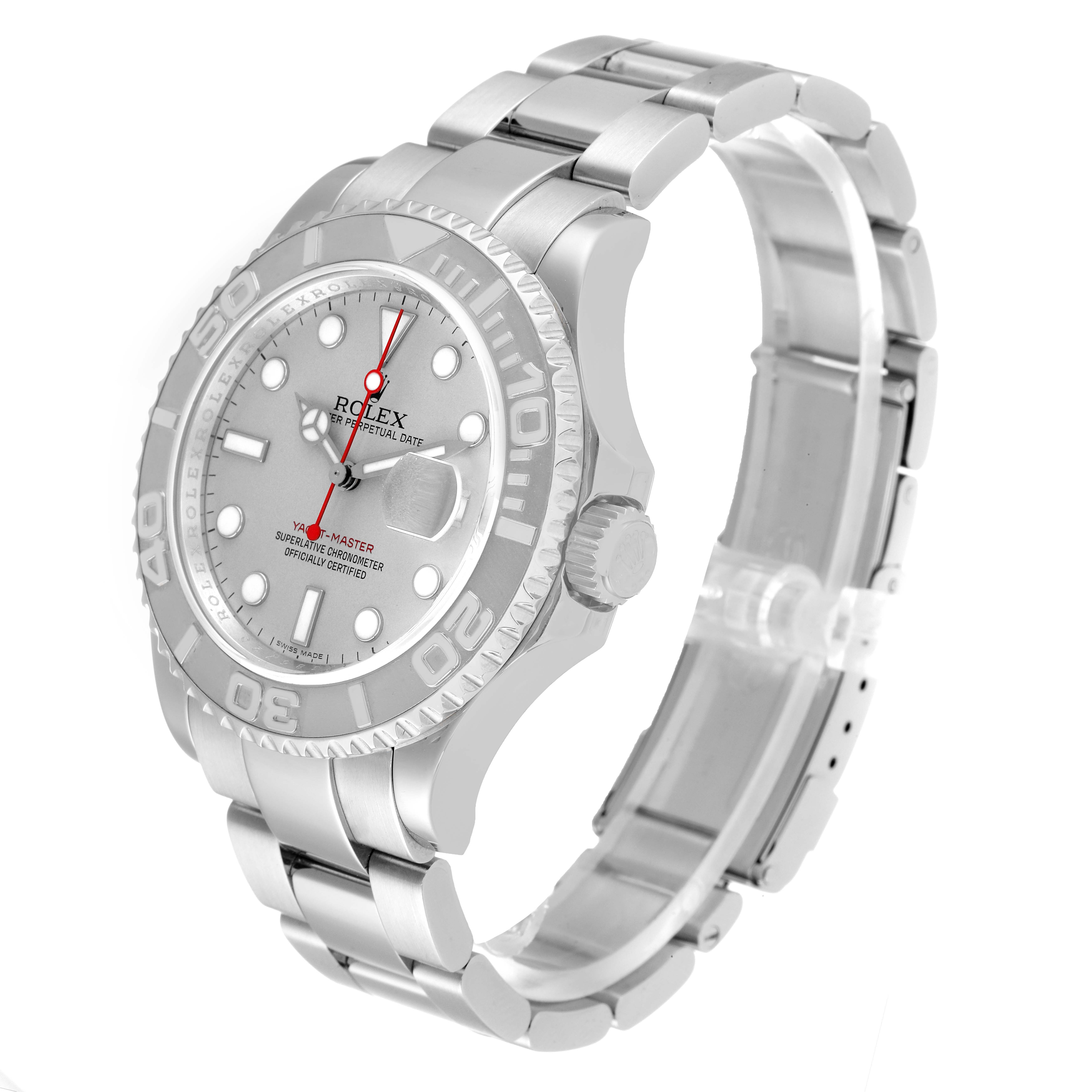 The image shows a side view of the Rolex Yacht-Master 16622 Men's Stainless Steel Silver Dial 16622 Men's Stainless Steel Silver Dial watch, highlighting the face, bezel, and metal bracelet.