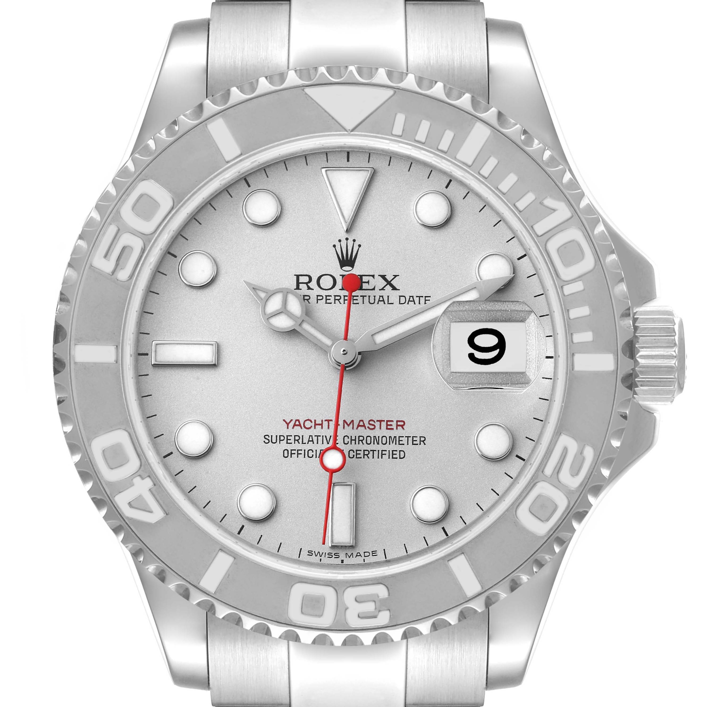 The image shows a front view of a Rolex Yacht-Master 16622 Men's Stainless Steel Silver Dial 16622 Men's Stainless Steel Silver Dial watch, highlighting the dial, hands, date window, and bezel.