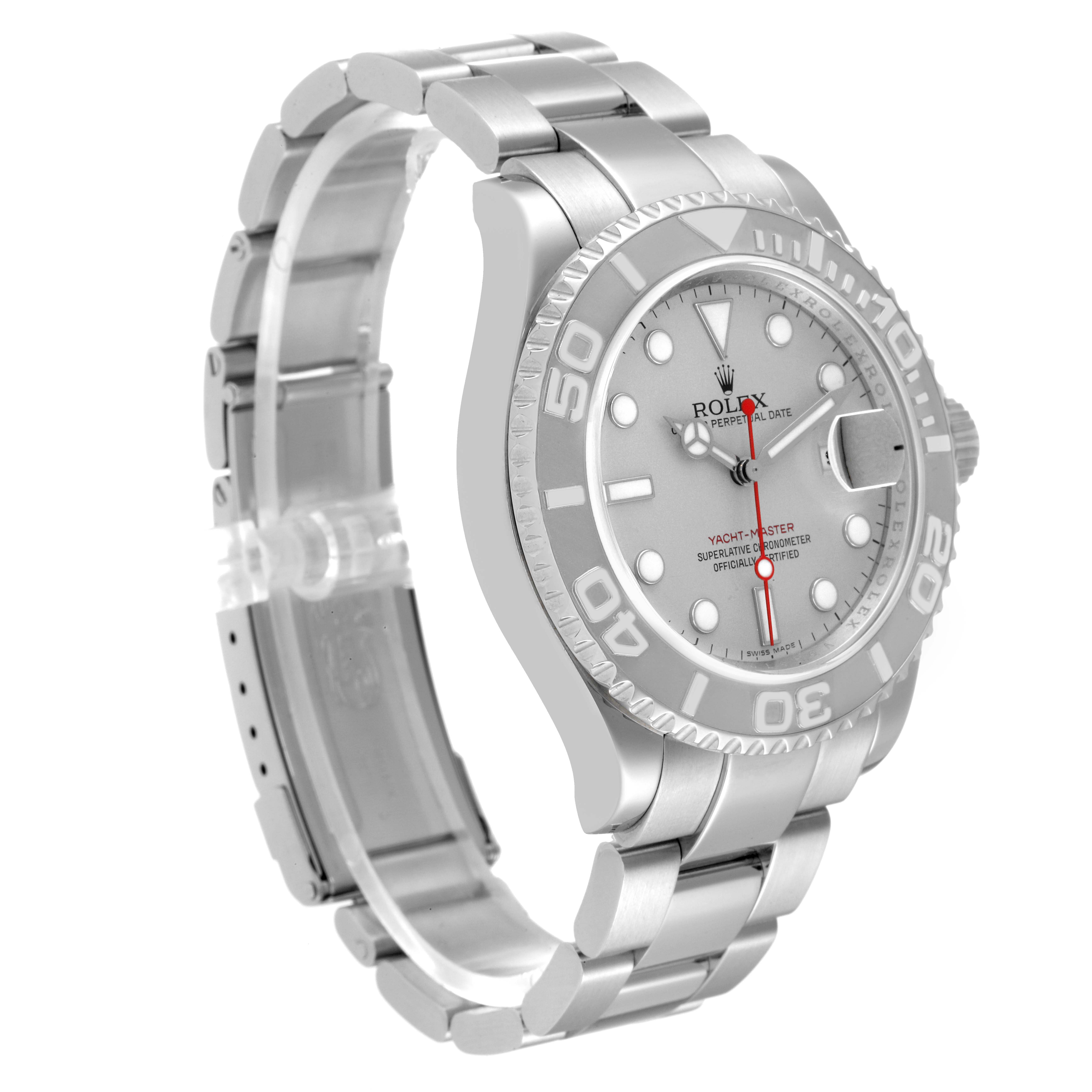 The image shows a side and front angle of a Rolex Yacht-Master 16622 Men's Stainless Steel Silver Dial 16622 Men's Stainless Steel Silver Dial watch, displaying its dial, bezel, and bracelet.