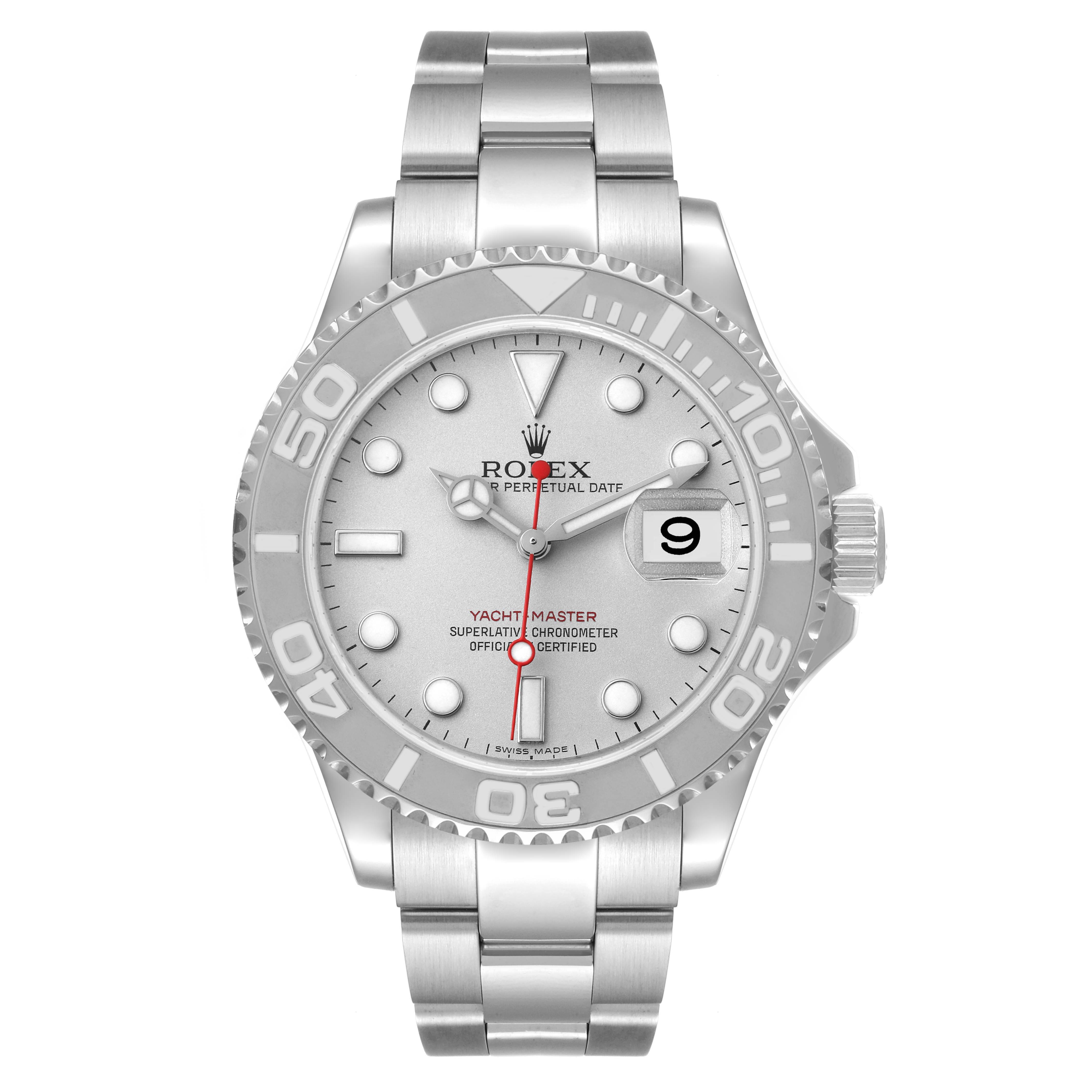 The image shows a front view of the Rolex Yacht-Master 16622 Men's Stainless Steel Silver Dial 16622 Men's Stainless Steel Silver Dial watch, displaying its face, bezel, and bracelet.