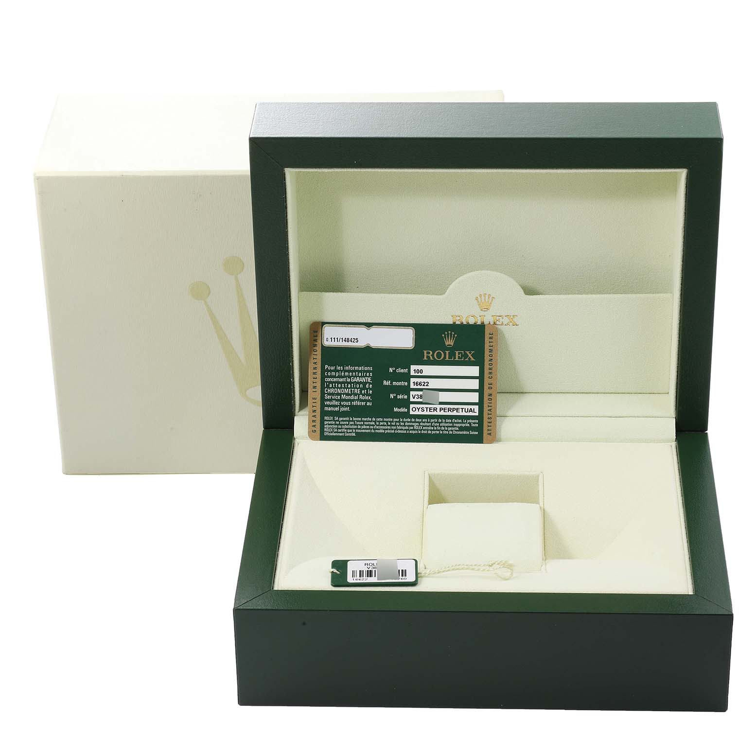 The image shows the open box of a Rolex Yacht-Master 16622 Men's Stainless Steel Silver Dial 16622 Men's Stainless Steel Silver Dial watch, displaying the watch's warranty card and the interior compartments.