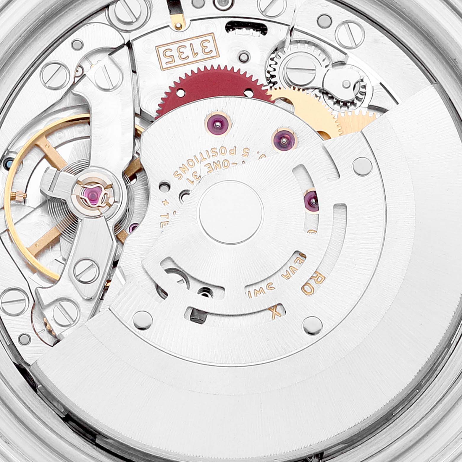This image shows the intricate internal mechanism of a Rolex Yacht-Master 16622 Men's Stainless Steel Silver Dial 16622 Men's Stainless Steel Silver Dial watch at a close-up angle.