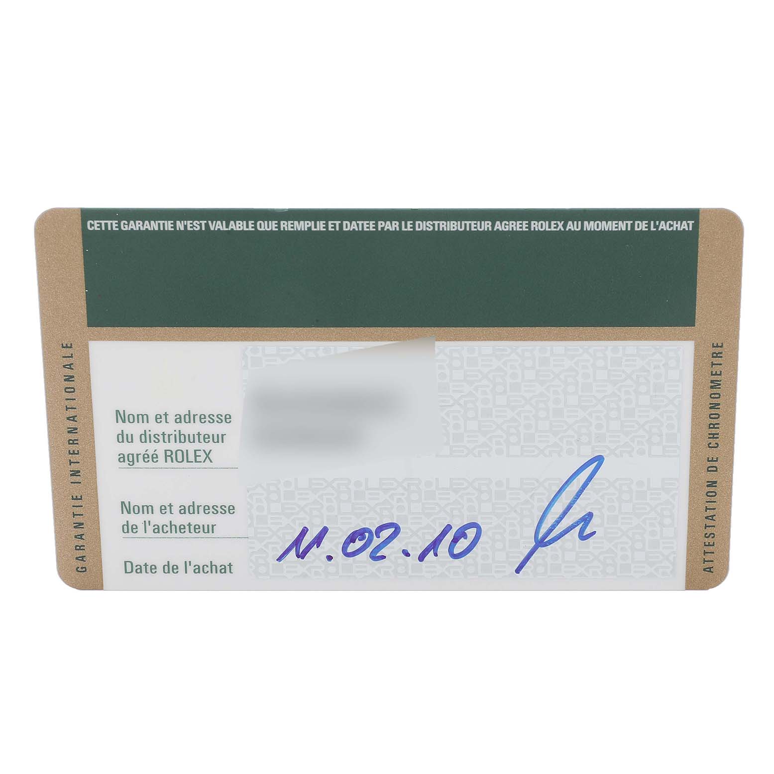 The image shows a warranty card for the Rolex Yacht-Master 16622 Men's Stainless Steel Silver Dial 16622 Men's Stainless Steel Silver Dial model, featuring printed and handwritten information.