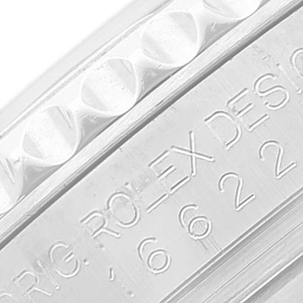 This image shows a close-up of the bezel and engraving of a Rolex Yacht-Master 16622 Men's Stainless Steel Silver Dial 16622 Men's Stainless Steel Silver Dial watch.