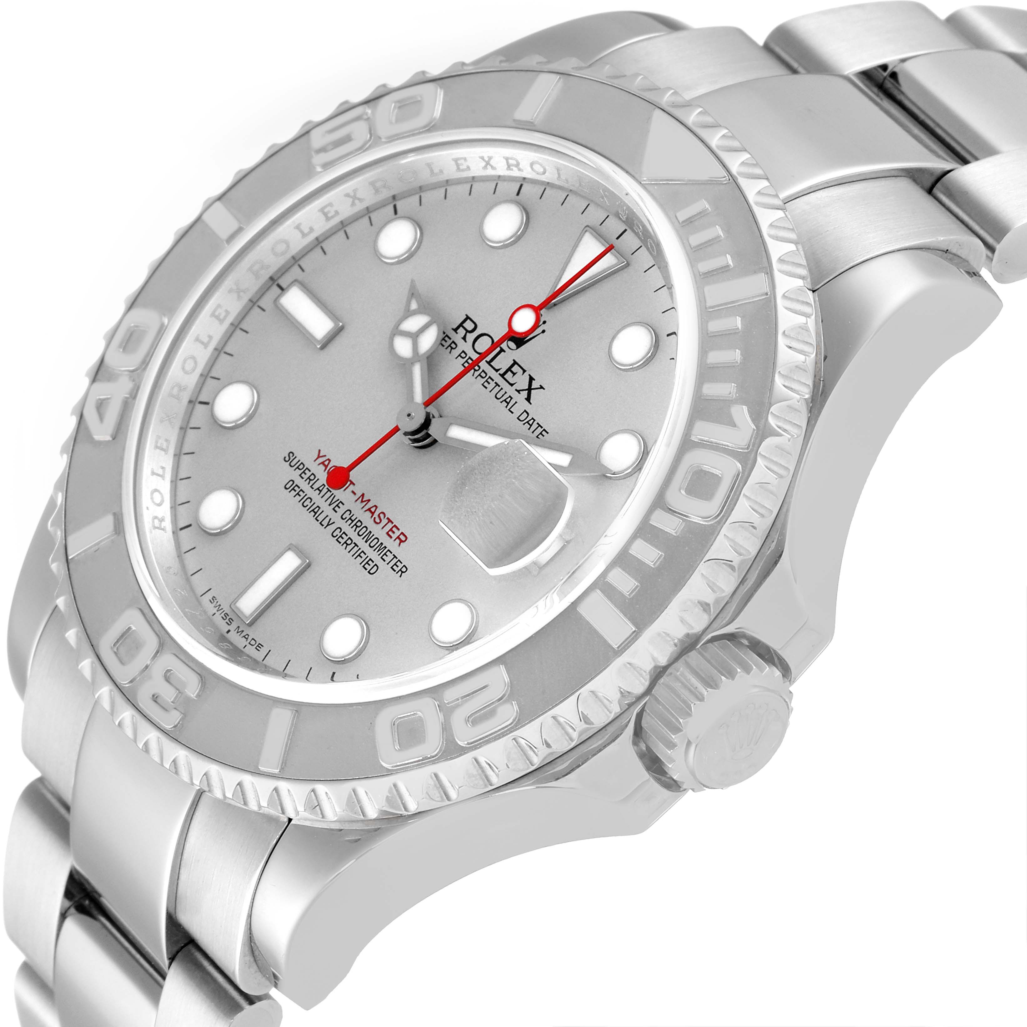 This Yacht-Master Rolex watch is shown at an angled close-up view, highlighting the dial, bezel, and part of the bracelet.