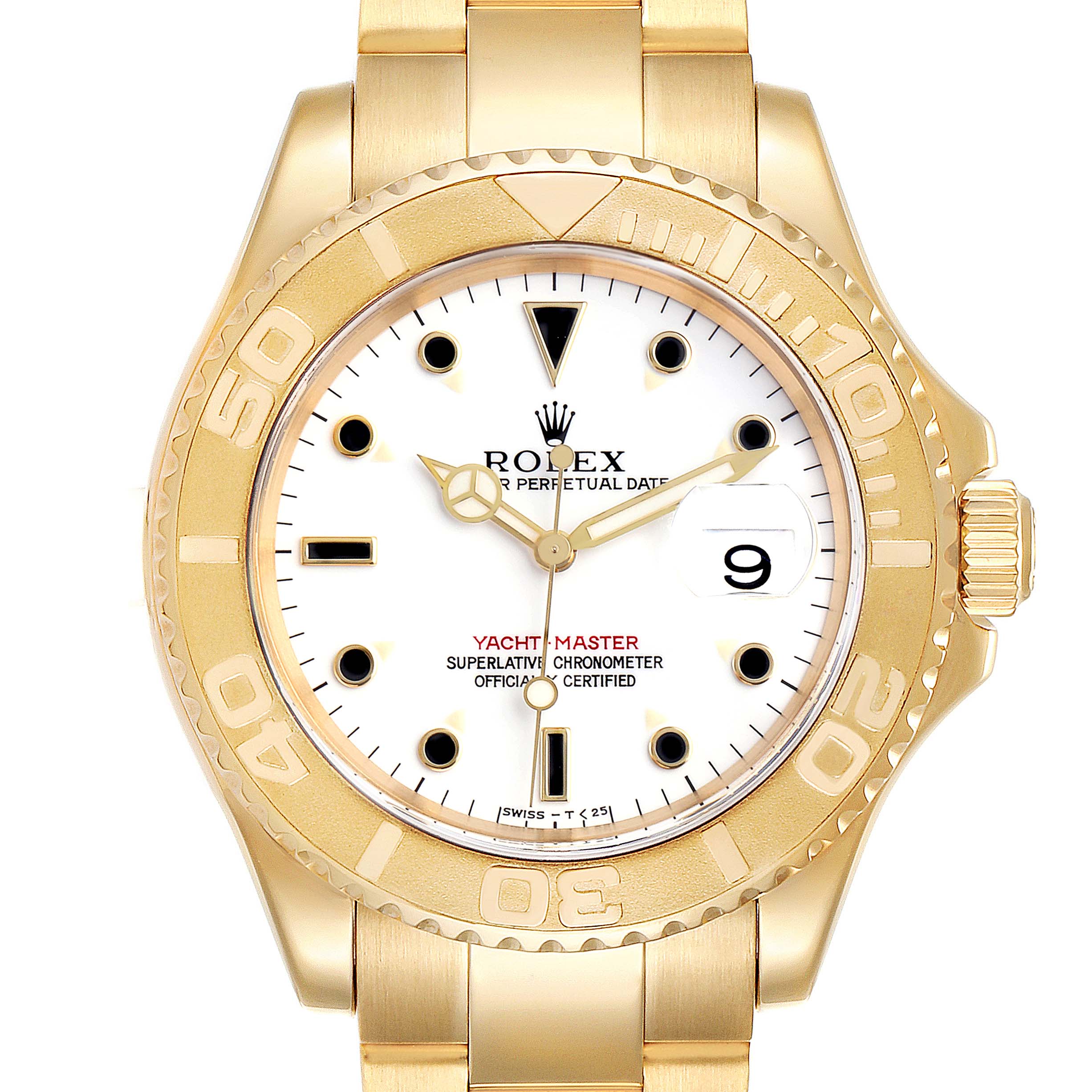 This image shows the front view of a Rolex Yacht-Master 16628B Men's Yellow Gold White Dial 16628B Men's Yellow Gold White Dial watch, highlighting the dial, bezel, and part of the bracelet.
