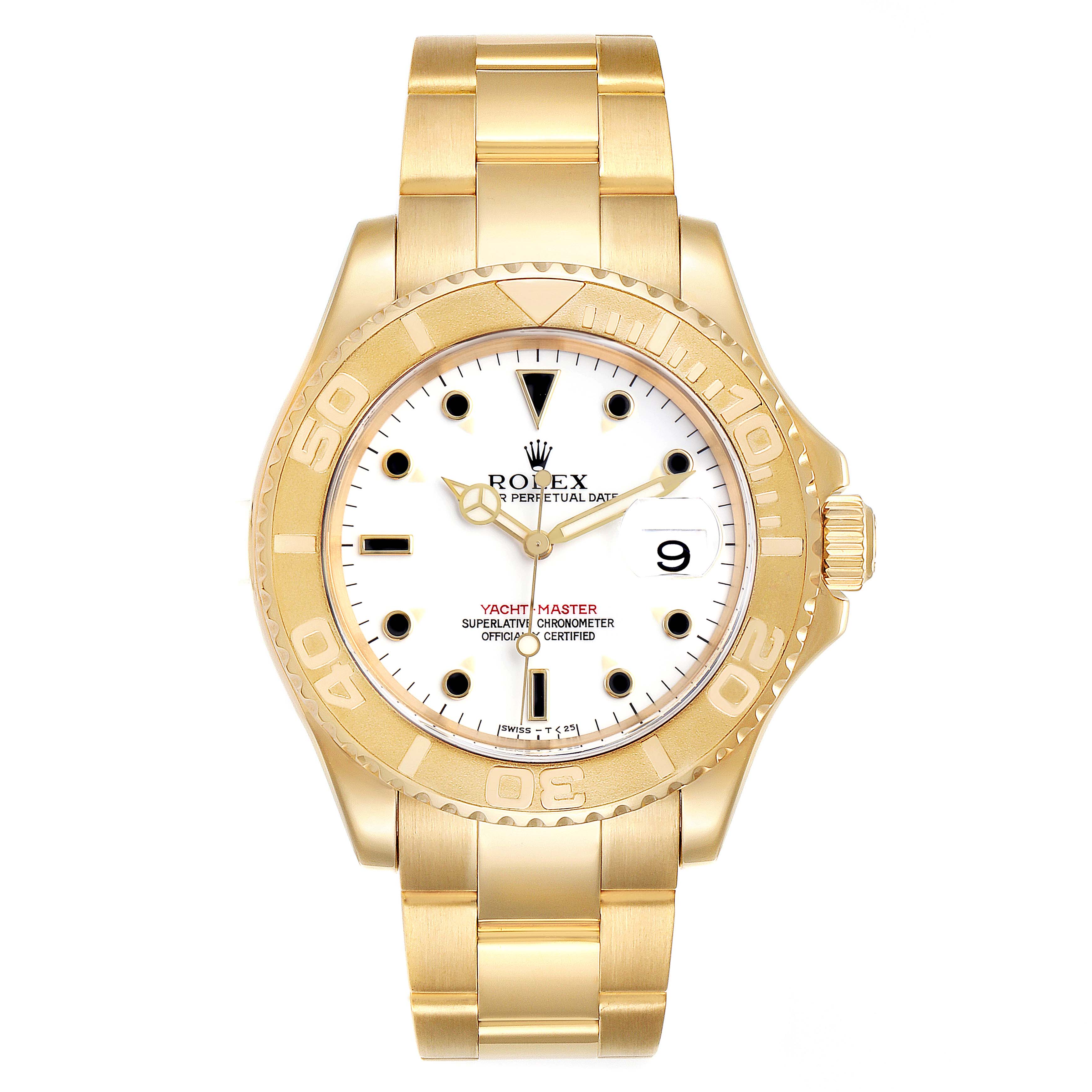 The image shows a frontal view of a Rolex Yacht-Master 16628B Men's Yellow Gold White Dial 16628B Men's Yellow Gold White Dial watch, highlighting its dial, bezel, and bracelet.