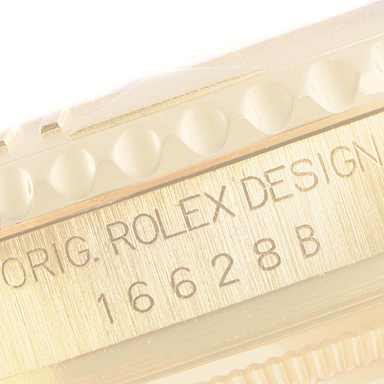 This image shows a close-up of the side engraving on a Yacht-Master model by Rolex, highlighting the model number.