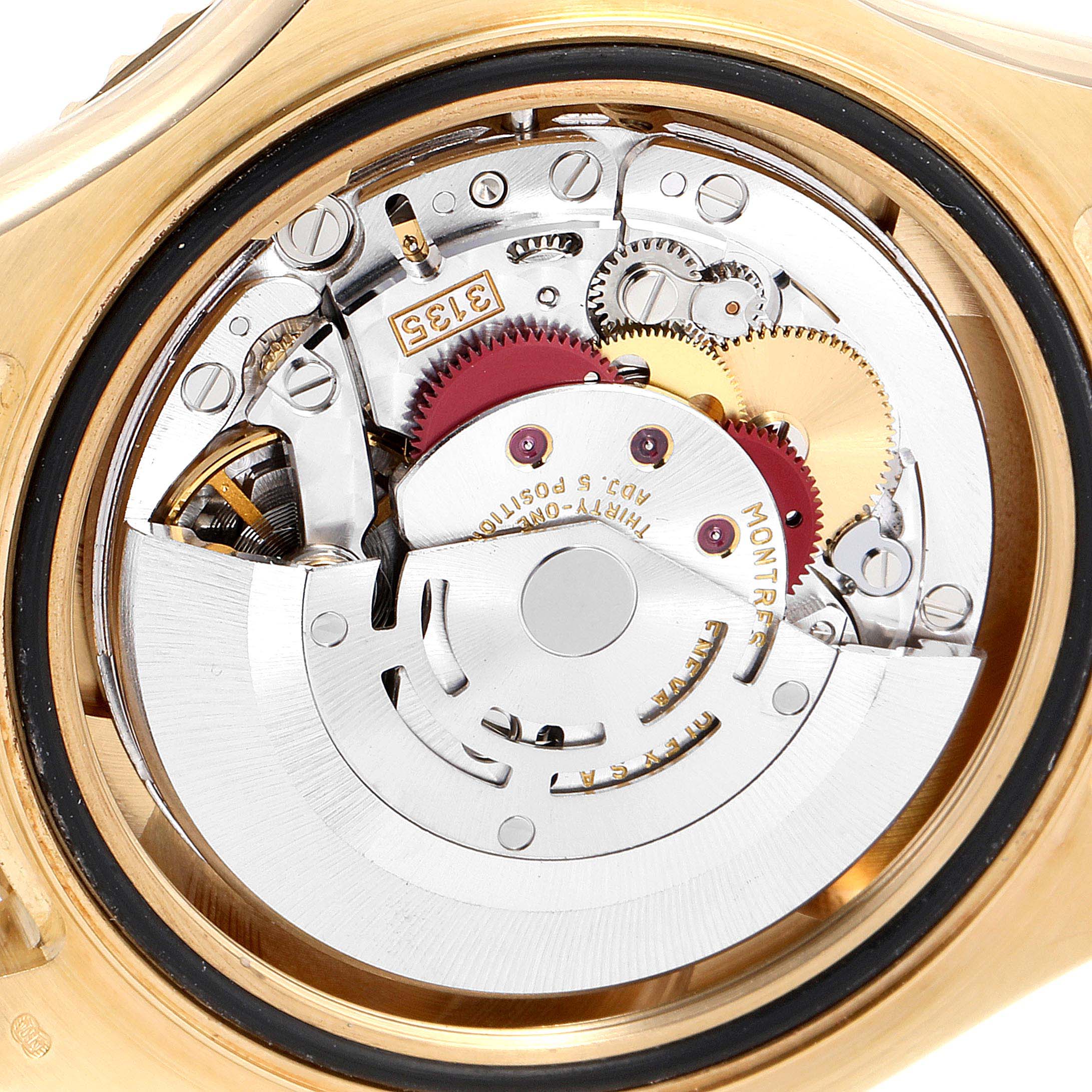 This image shows a close-up view of the movement and inner mechanisms of the Rolex Yacht-Master 16628B Men's Yellow Gold White Dial 16628B Men's Yellow Gold White Dial watch.