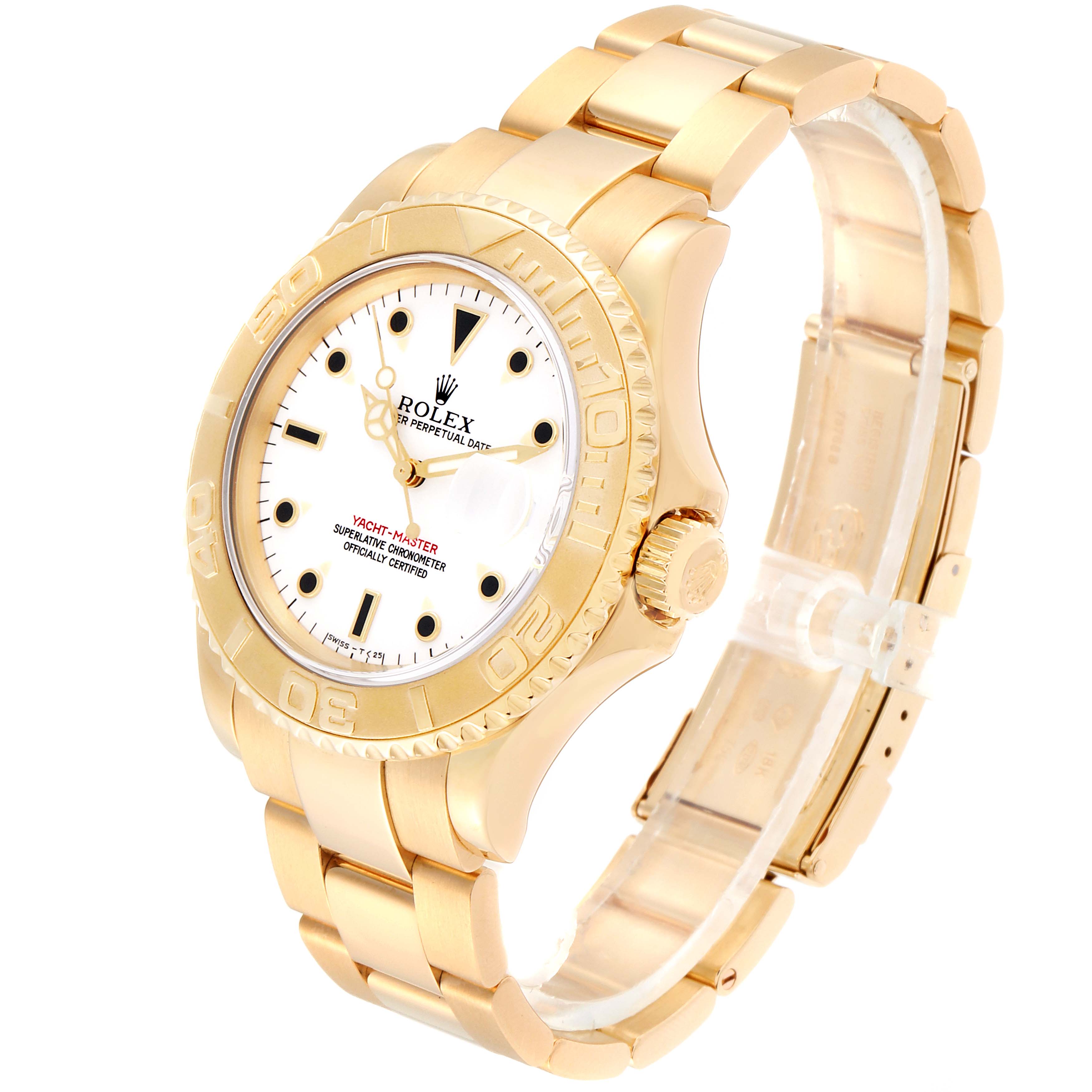 The image shows a Rolex Yacht-Master 16628B Men's Yellow Gold White Dial 16628B Men's Yellow Gold White Dial watch at a slight angle, highlighting the dial, bezel, bracelet, and clasp.