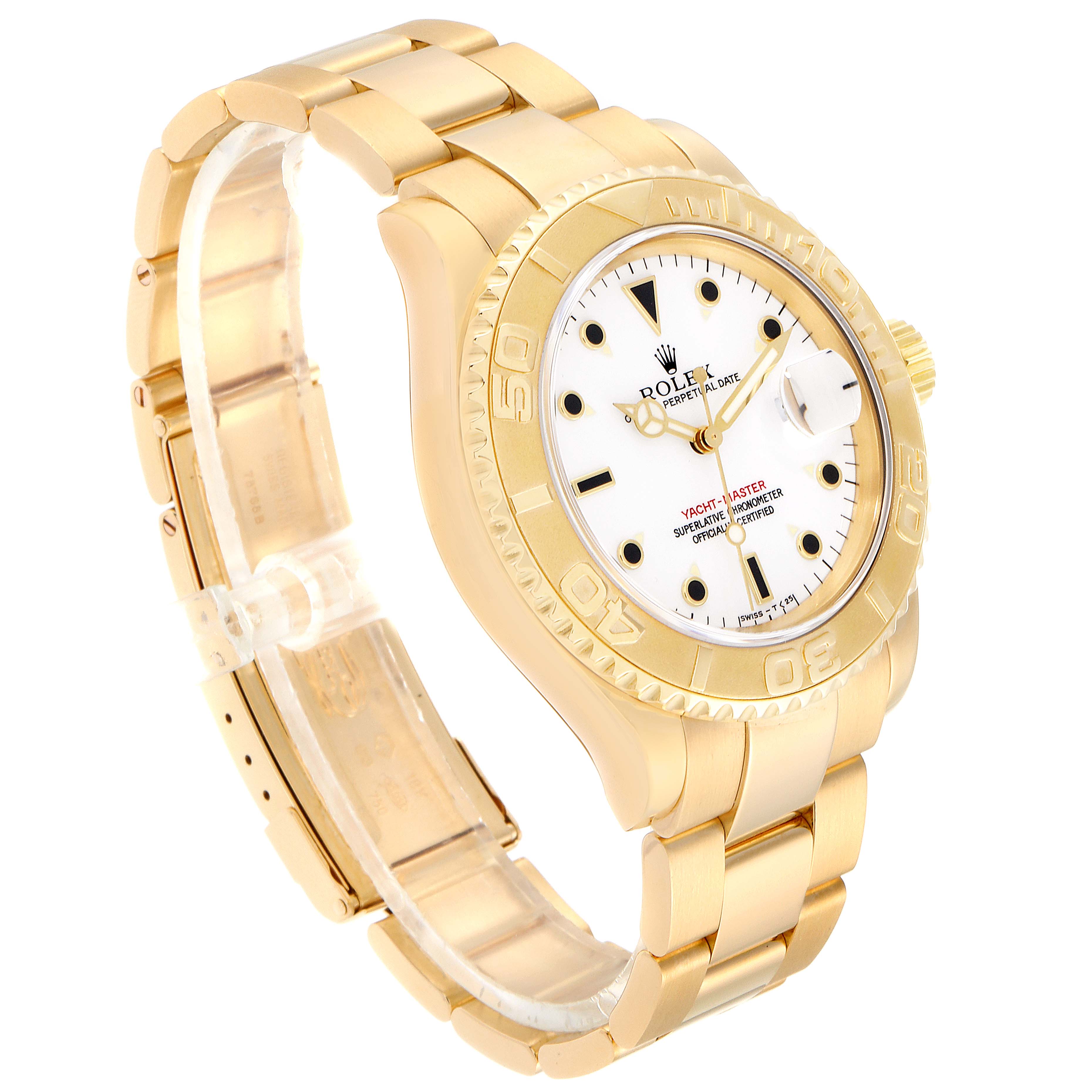 The image shows a Rolex Yacht-Master 16628B Men's Yellow Gold White Dial 16628B Men's Yellow Gold White Dial watch at a three-quarter angle, displaying the face, bezel, crown, and bracelet.