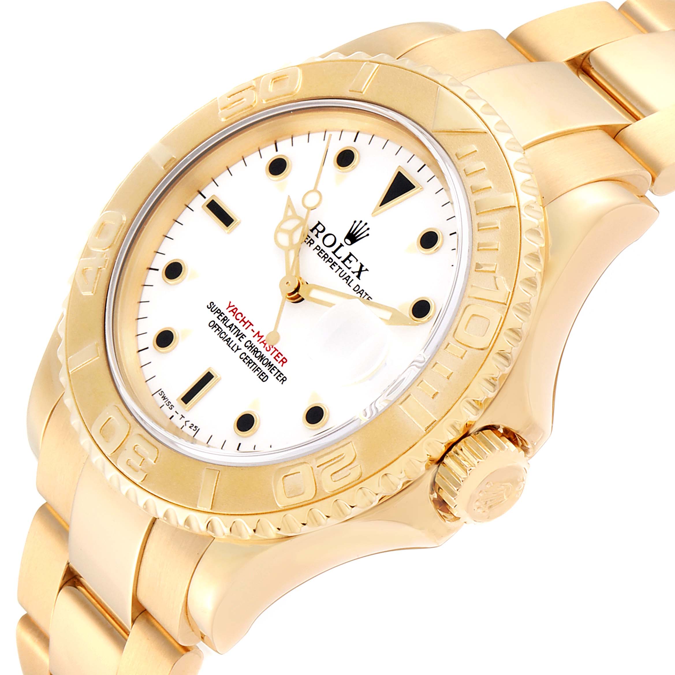 The image shows a Rolex Yacht-Master 16628B Men's Yellow Gold White Dial 16628B Men's Yellow Gold White Dial watch from a slight side angle, highlighting the bezel, dial, crown, and part of the bracelet.