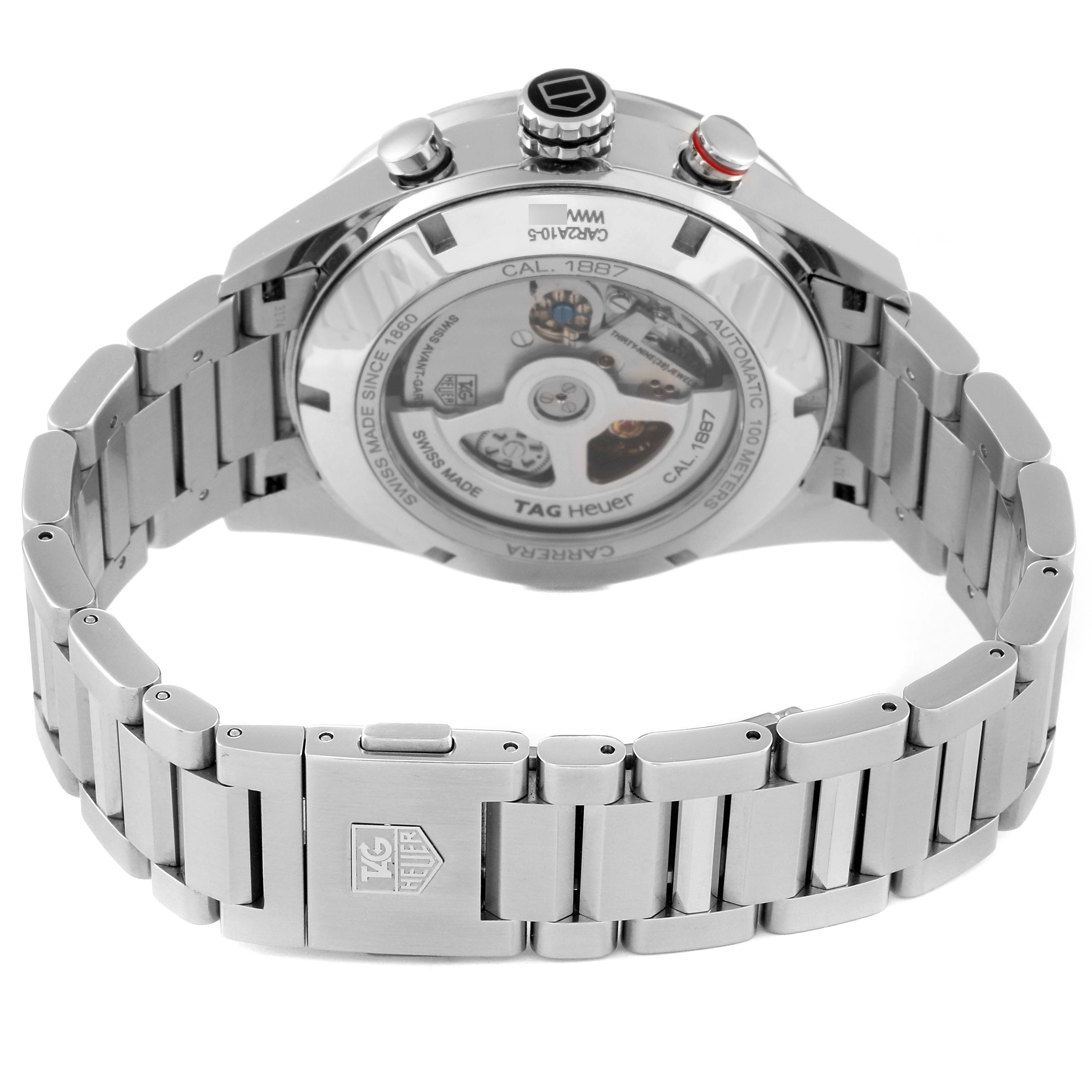 The image shows the back view of a Tag Heuer Carrera CAR2A10 Men's Stainless Steel Black Dial CAR2A10 Men's Stainless Steel Black Dial watch, highlighting its automatic movement and stainless steel bracelet.