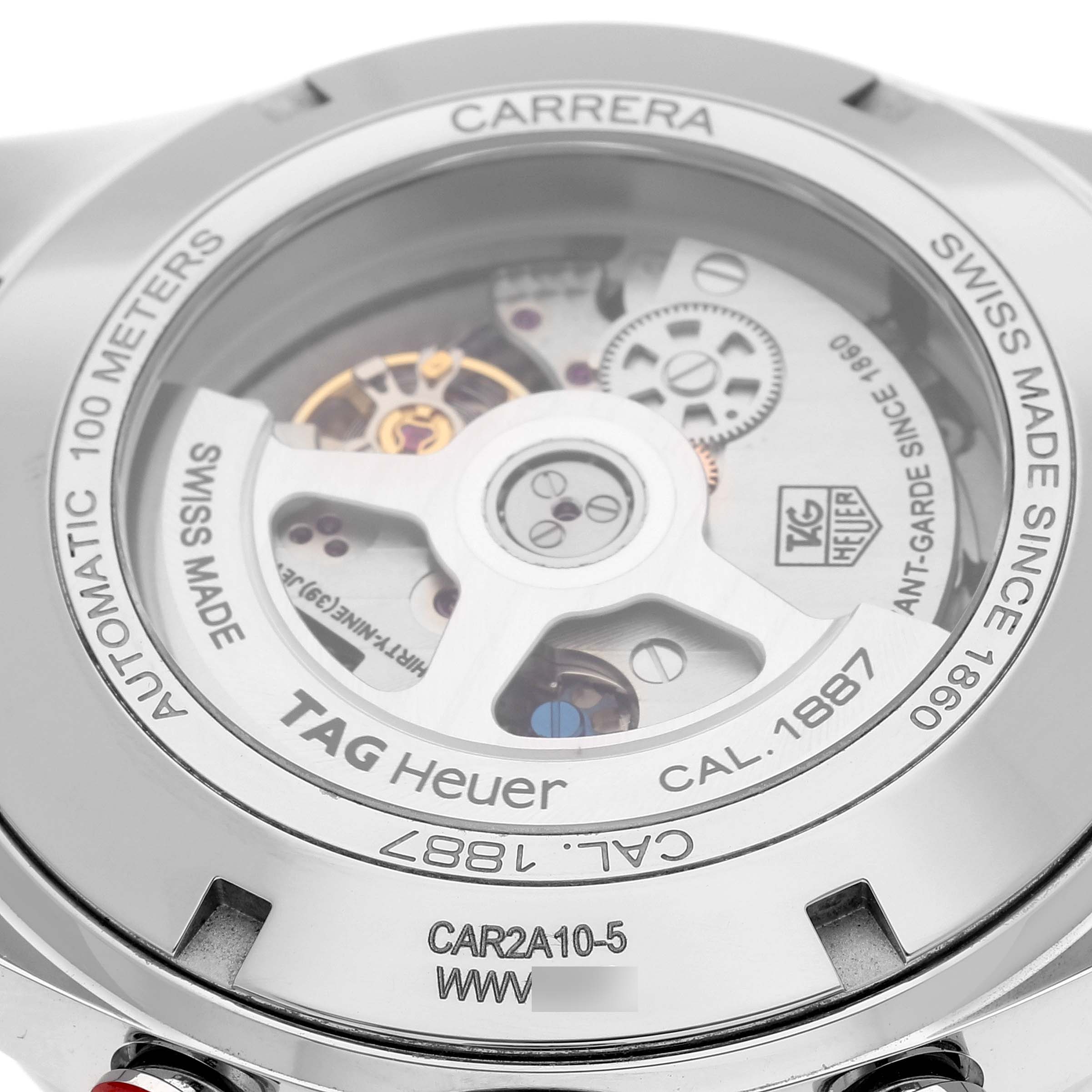 The image shows the back view of the Tag Heuer Carrera CAR2A10 Men's Stainless Steel Black Dial CAR2A10 Men's Stainless Steel Black Dial watch, highlighting its automatic Cal. 1887 movement and inner mechanisms.