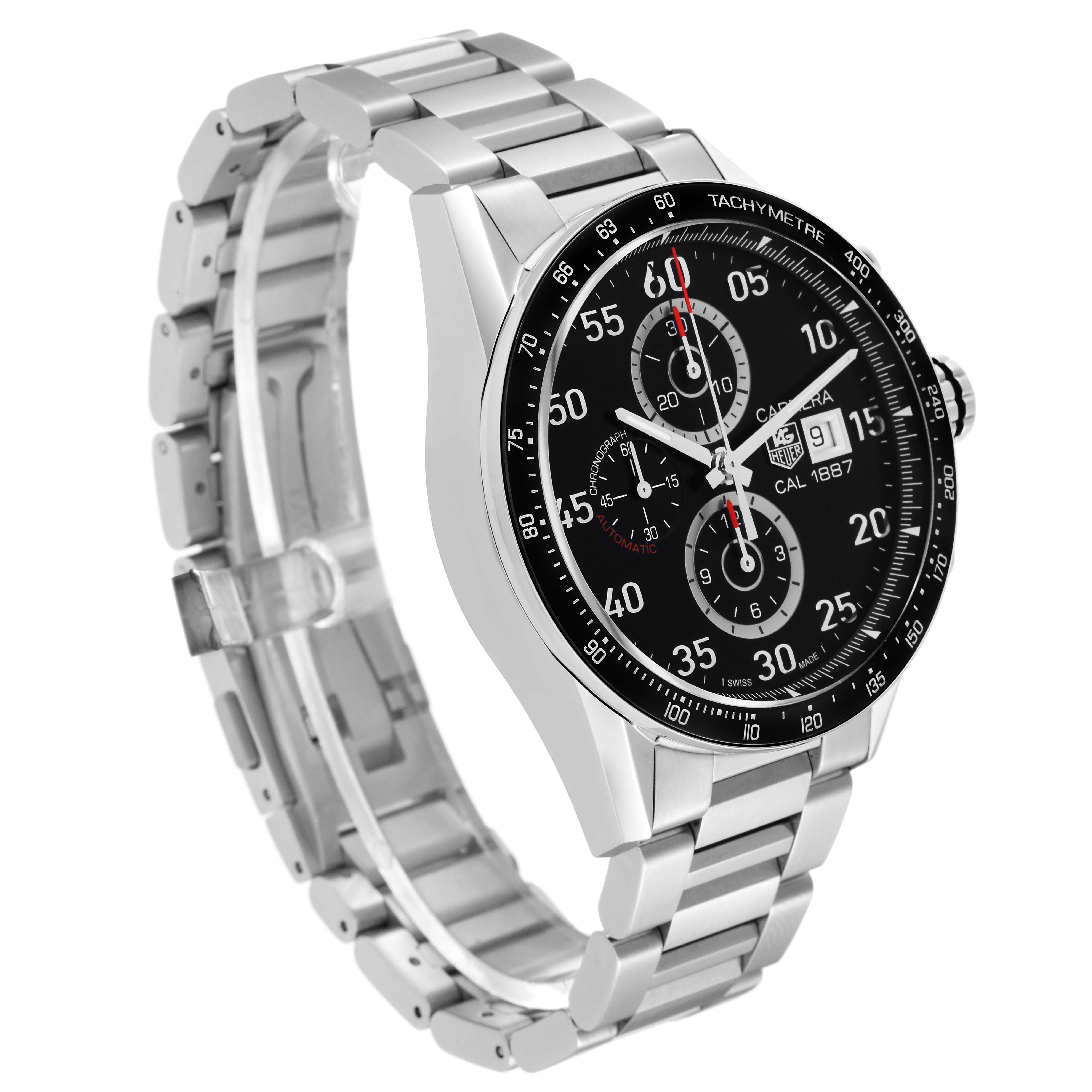 The image shows a side angle of the Carrera model by Tag Heuer, displaying the watch face, bezel, crown, and metal bracelet.