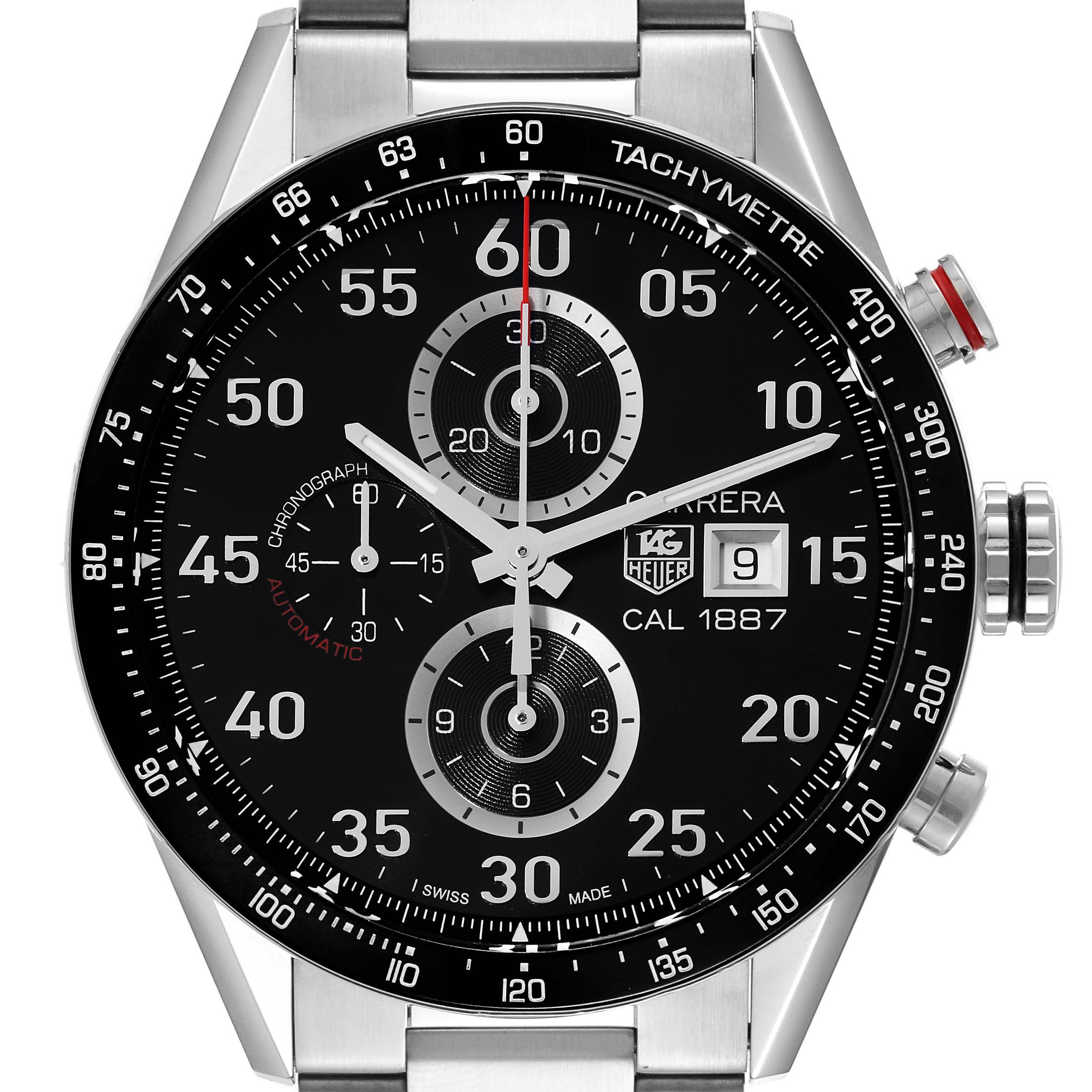 The image shows the face of a Tag Heuer Carrera CAR2A10 Men's Stainless Steel Black Dial CAR2A10 Men's Stainless Steel Black Dial watch at a forward angle, highlighting its tachymeter, subdials, and date display.