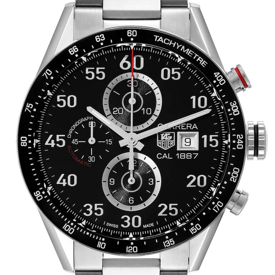 Tag Heuer Carrera Chronograph Black Dial Steel Mens Watch CAR2A10 Box Card SwissWatchExpo