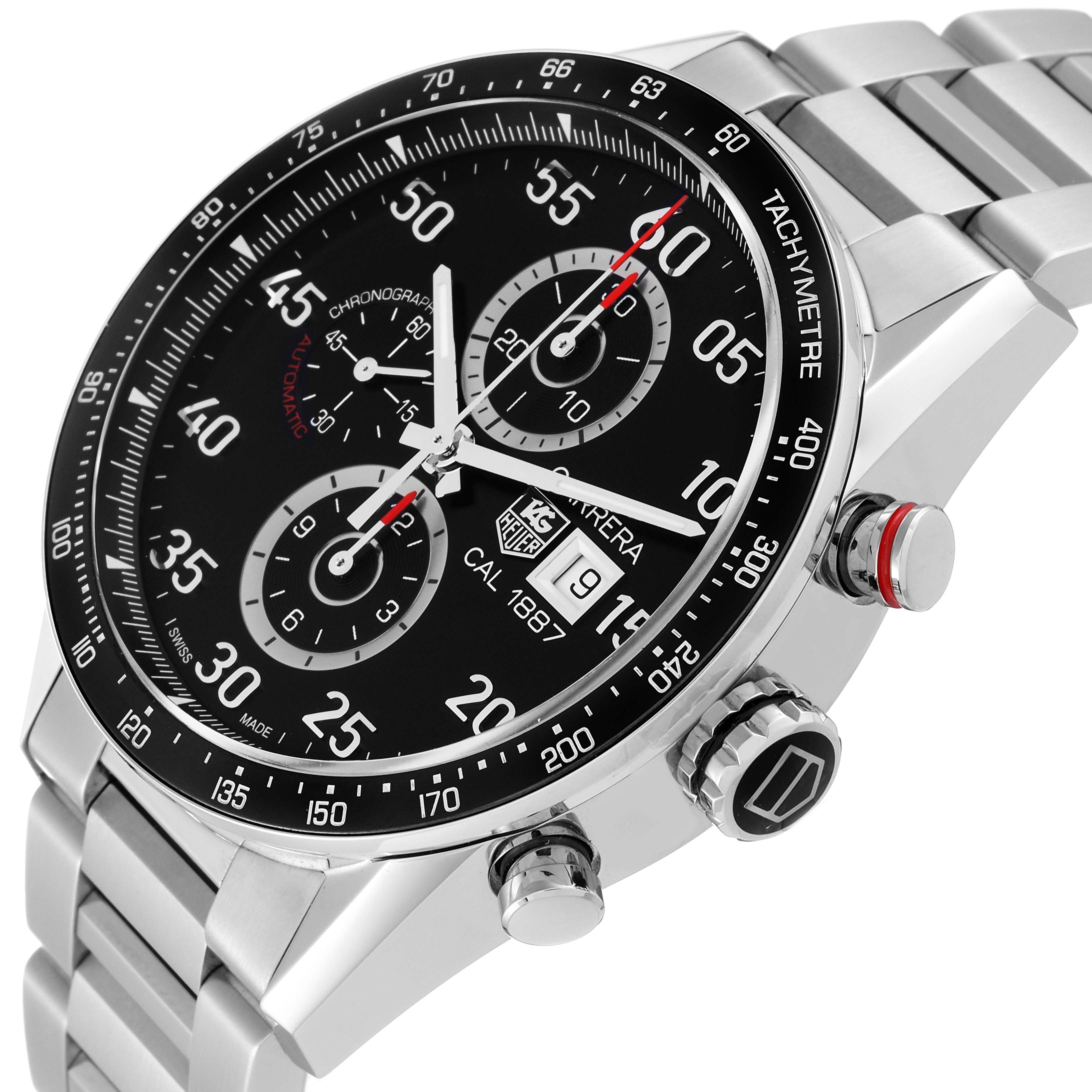 The image shows a close-up, angled view of the Tag Heuer Carrera CAR2A10 Men's Stainless Steel Black Dial CAR2A10 Men's Stainless Steel Black Dial watch, highlighting its black dial, bezel, and chronograph buttons.