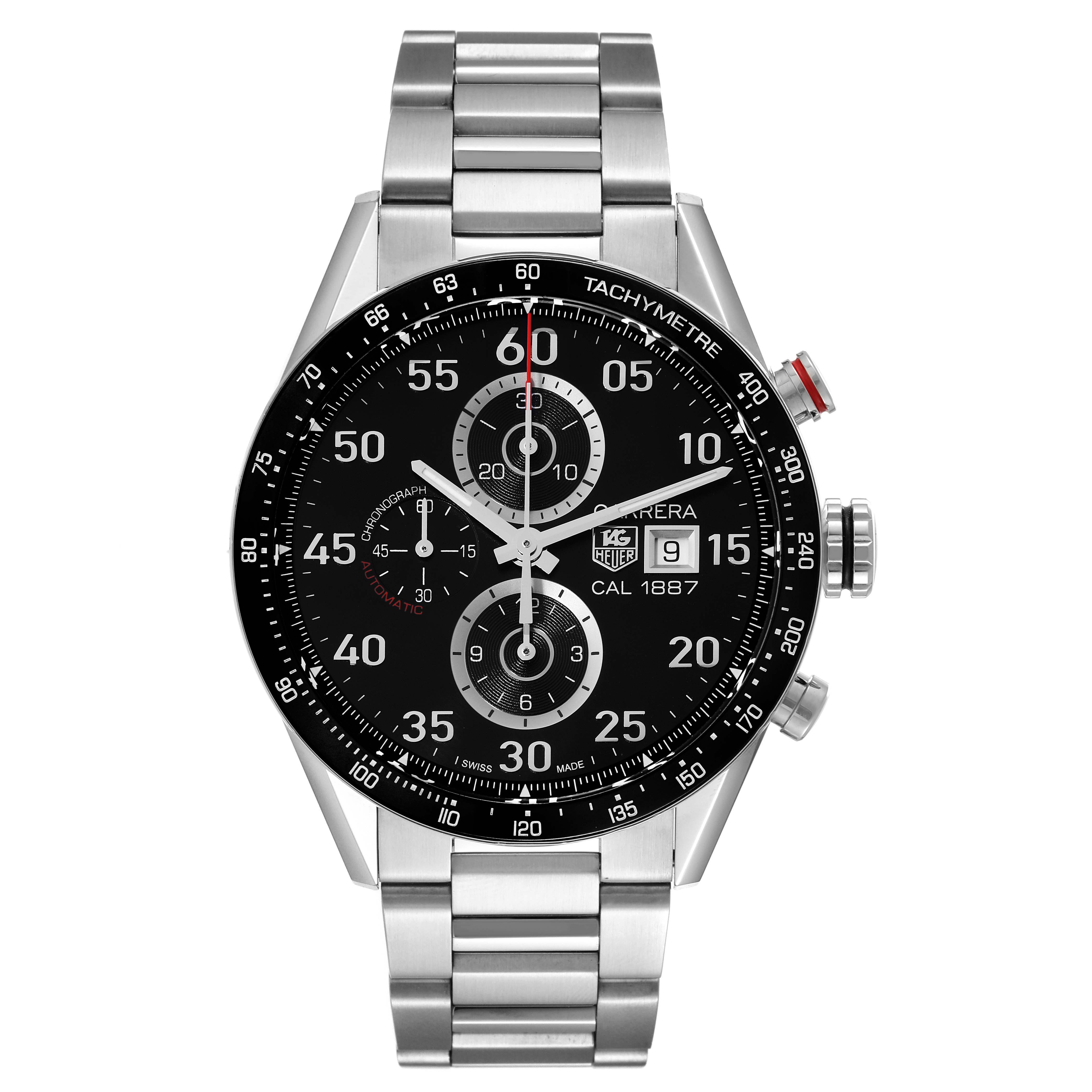 The image shows the front view of a Tag Heuer Carrera CAR2A10 Men's Stainless Steel Black Dial CAR2A10 Men's Stainless Steel Black Dial model watch, highlighting the dial and metal bracelet.