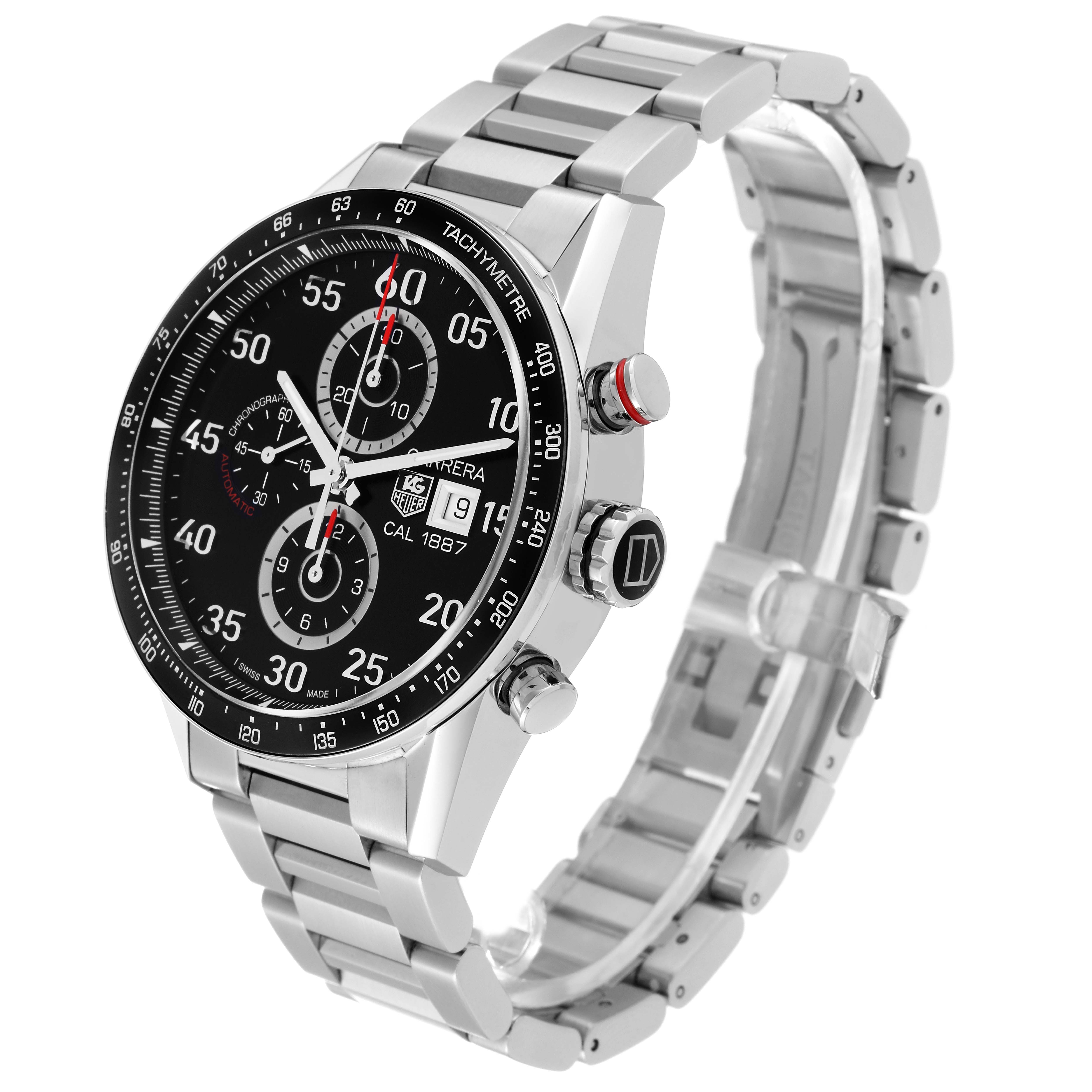 The Tag Heuer Carrera CAR2A10 Men's Stainless Steel Black Dial CAR2A10 Men's Stainless Steel Black Dial watch is shown from a three-quarter angle, highlighting the face, bezel, crown, and metal bracelet.