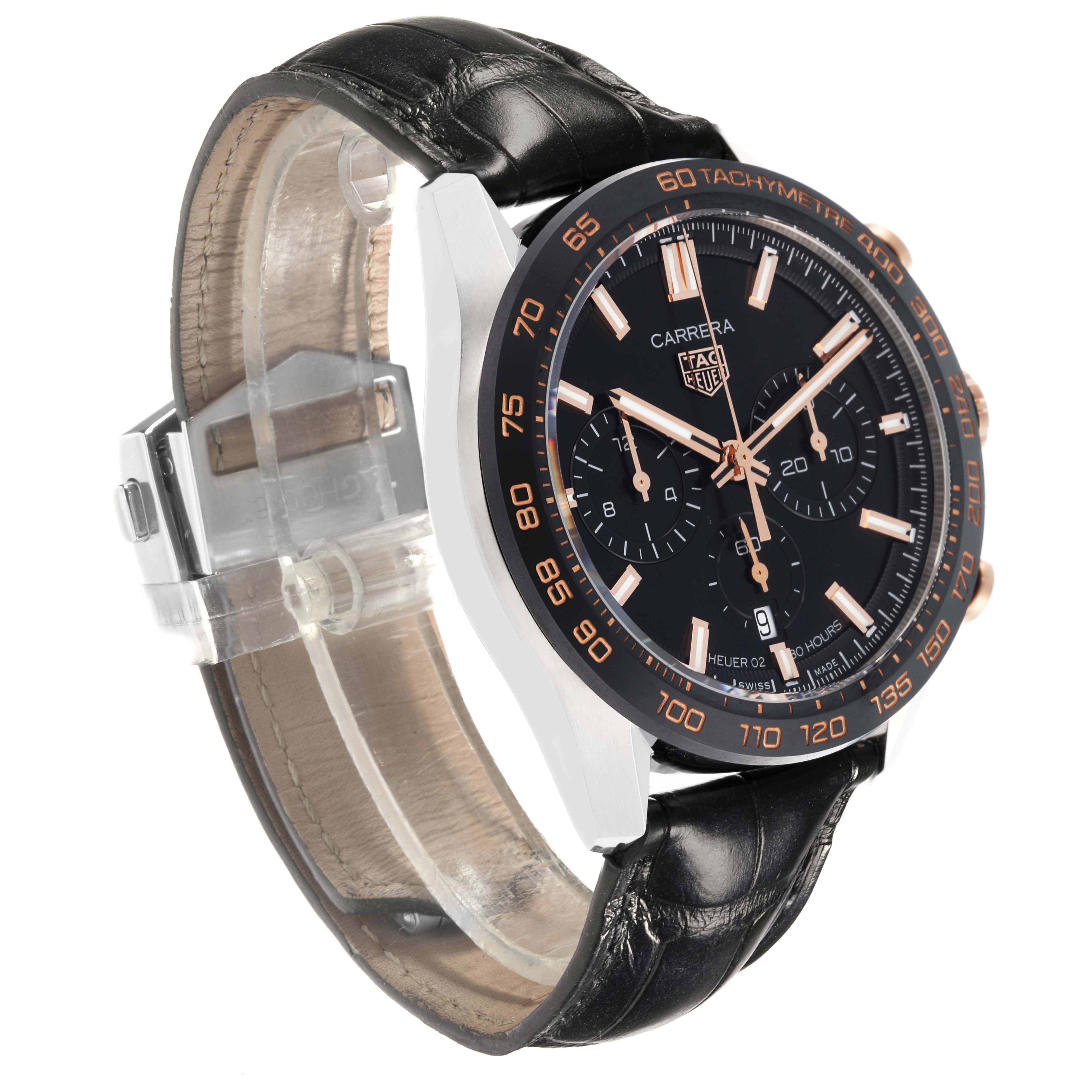 The Tag Heuer Carrera CBN2A5A.FC6481 Men's Stainless Steel Black Dial CBN2A5A.FC6481 Men's Stainless Steel Black Dial watch is shown at a front angle, displaying its face, bezel, and strap clearly.