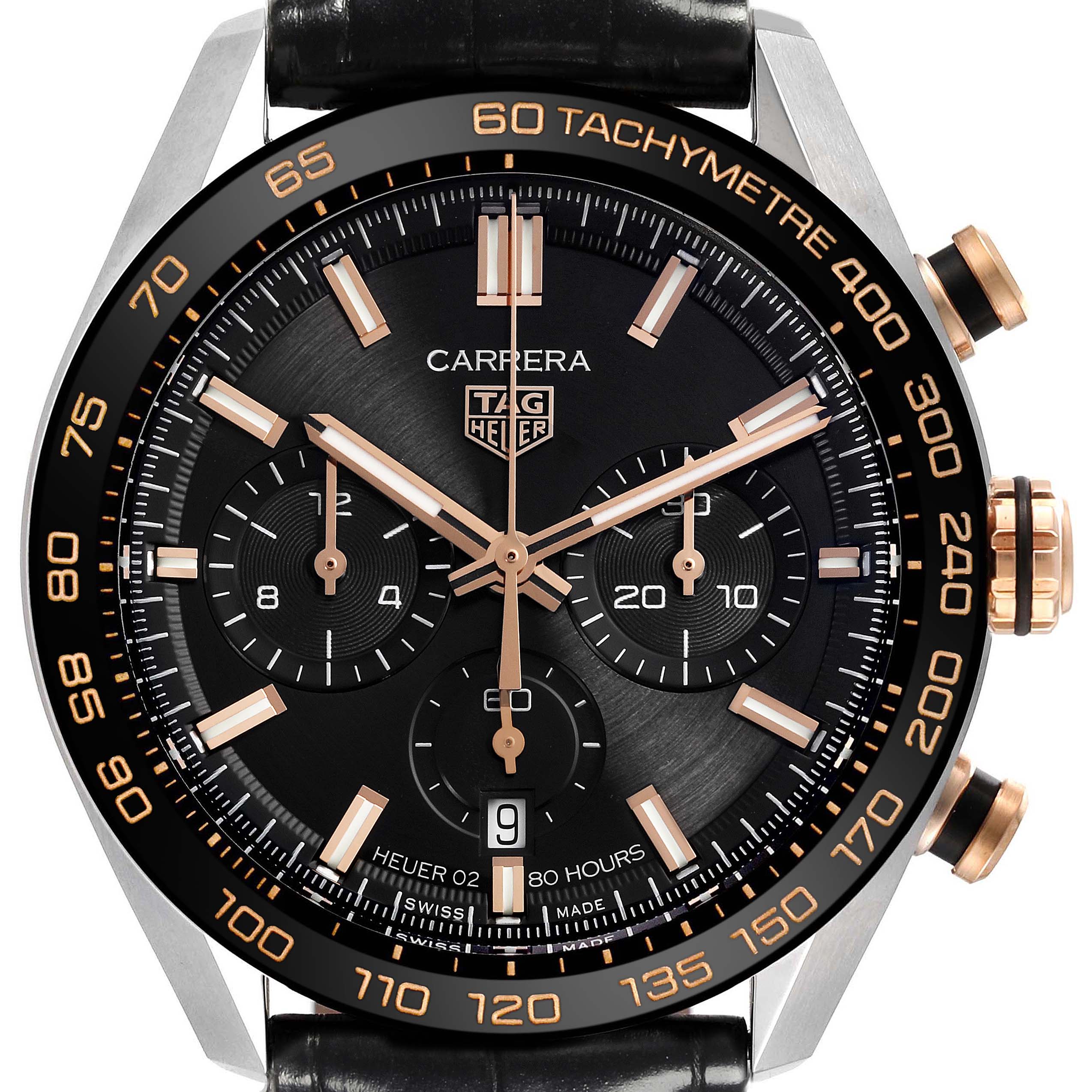 The Tag Heuer Carrera CBN2A5A.FC6481 Men's Stainless Steel Black Dial CBN2A5A.FC6481 Men's Stainless Steel Black Dial watch is shown from the front, displaying the face, bezel, subdials, and pushers.